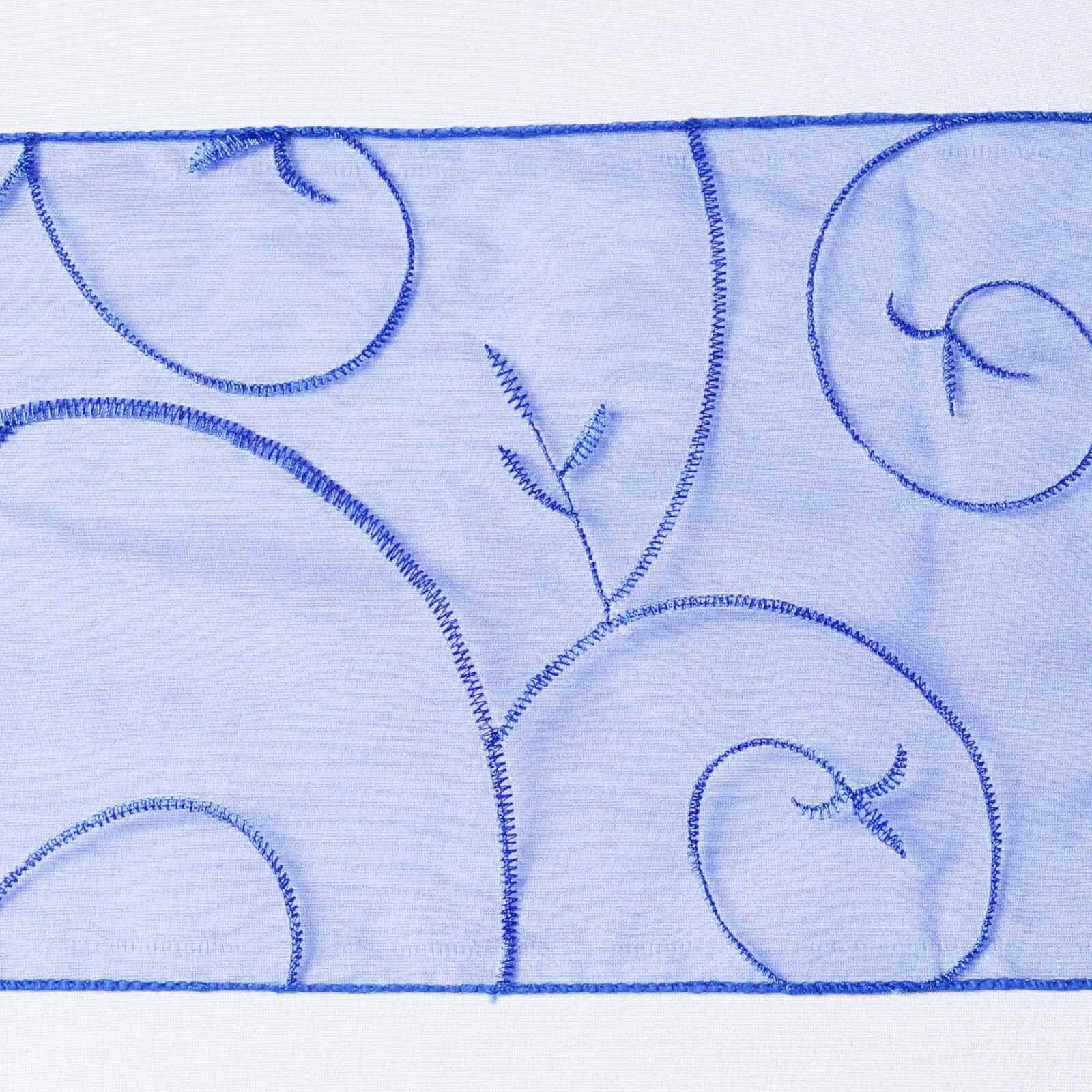 5 Pack Organza Chair Sashes with Satin Leaf Embroidery Royal Blue - Reusable Sheer Design 7"x108" - Linen Luxes