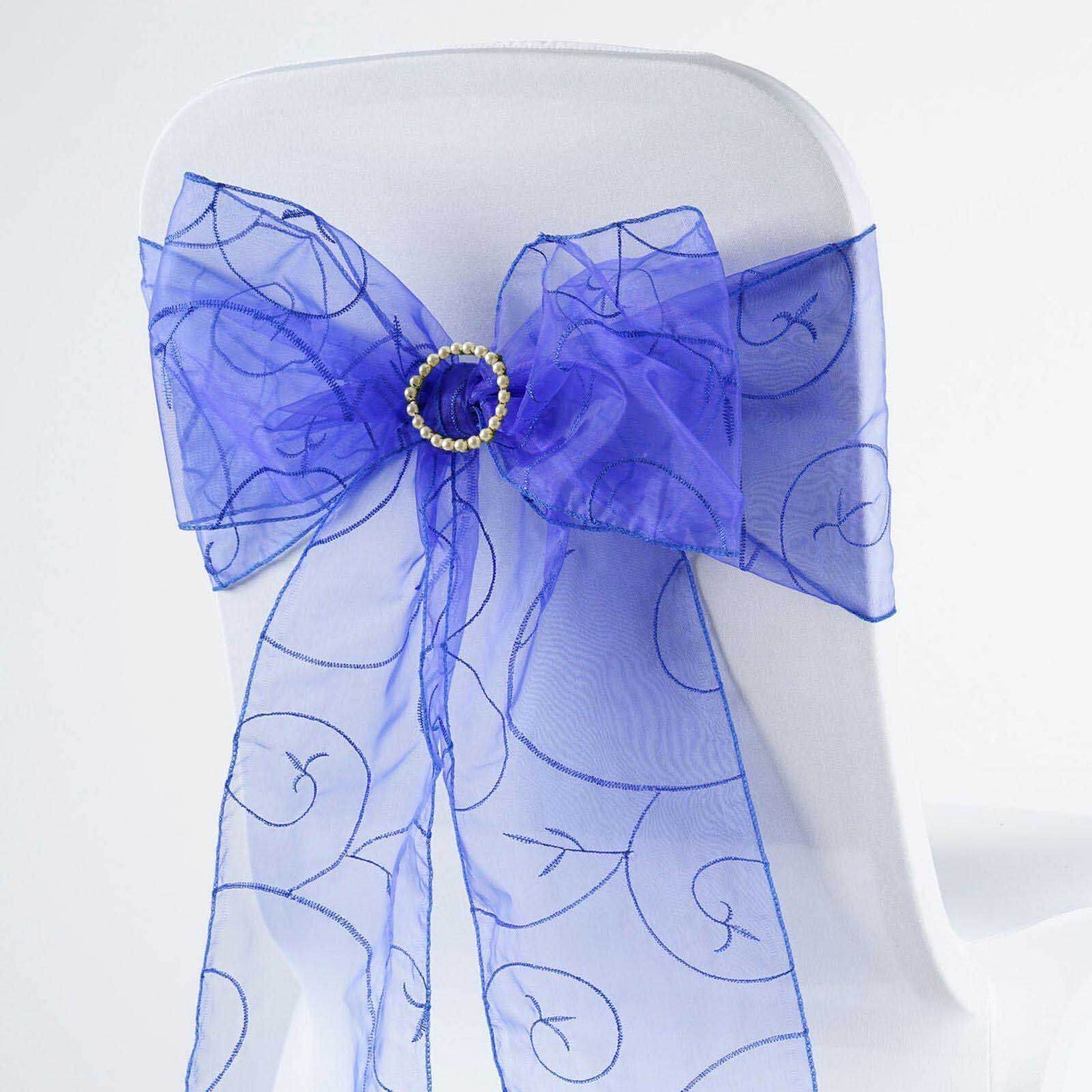 5 Pack Organza Chair Sashes with Satin Leaf Embroidery Royal Blue - Reusable Sheer Design 7"x108" - Linen Luxes