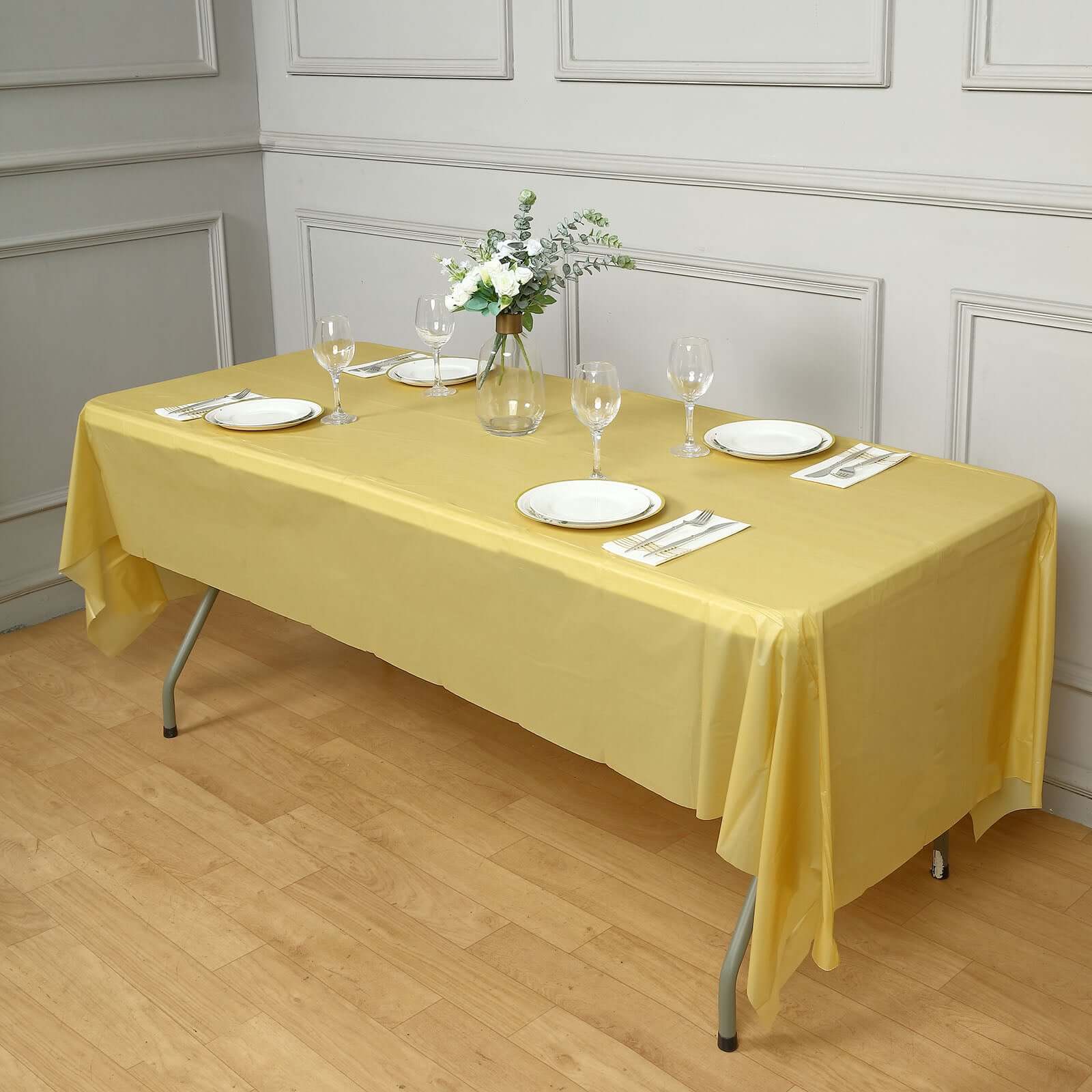5 - Pack Plastic Table Covers Gold Rectangle - Reliable PVC Disposable Covers for Gatherings 54"x108" - Linen Luxes