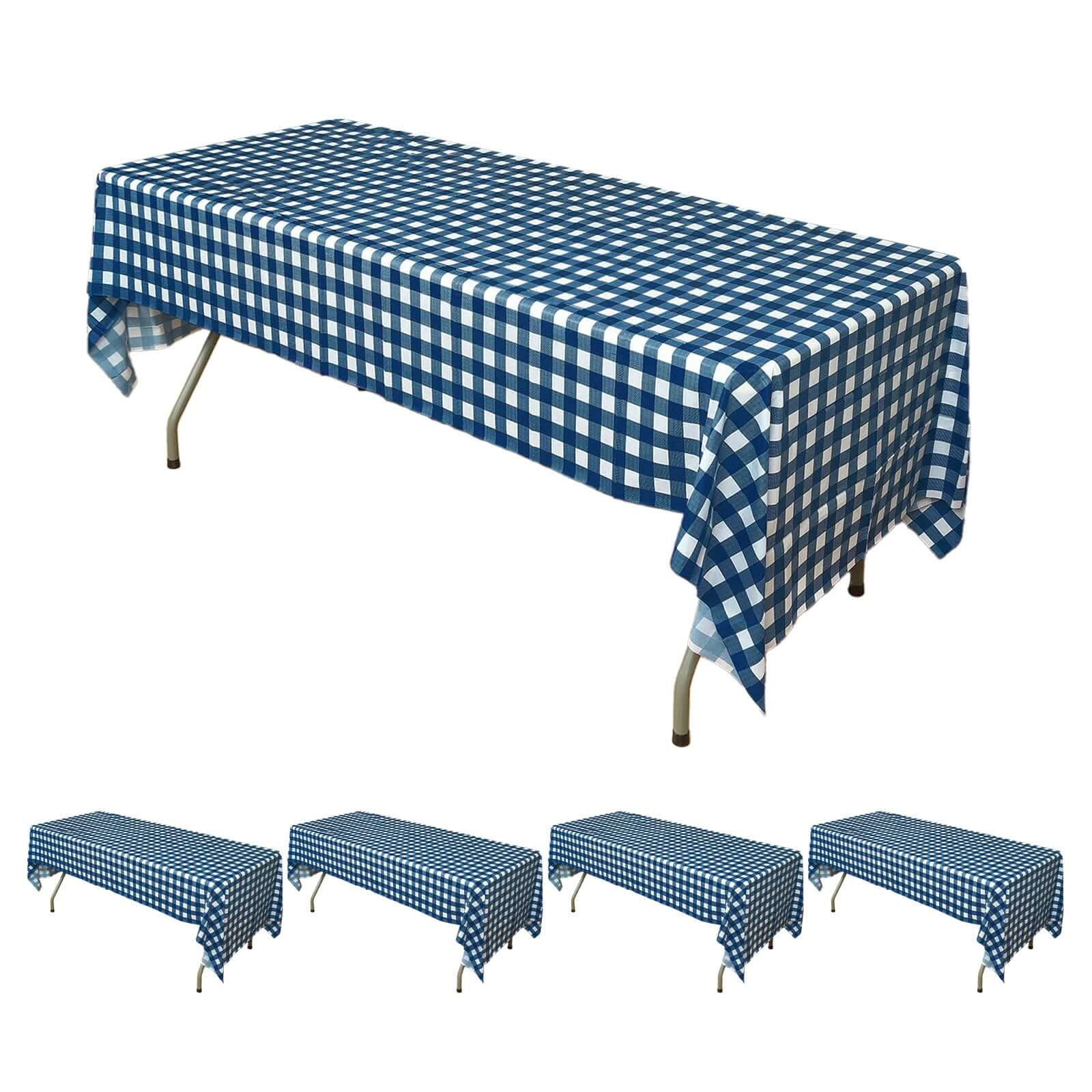 5 - Pack Plastic Table Covers Navy Blue Checkered Rectangle - Durable PVC Disposable Covers for Events 54"x108" - Linen Luxes