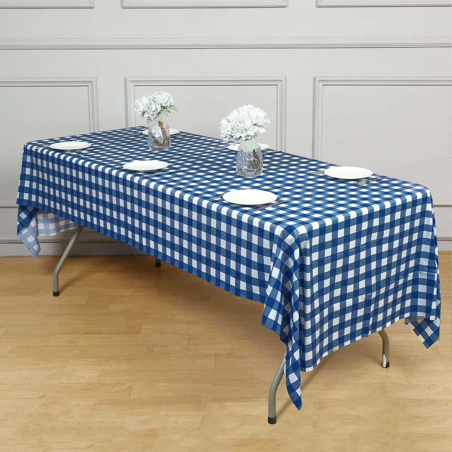 5 - Pack Plastic Table Covers Navy Blue Checkered Rectangle - Durable PVC Disposable Covers for Events 54"x108" - Linen Luxes