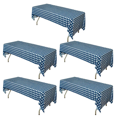 5 - Pack Plastic Table Covers Navy Blue Checkered Rectangle - Durable PVC Disposable Covers for Events 54"x108" - Linen Luxes