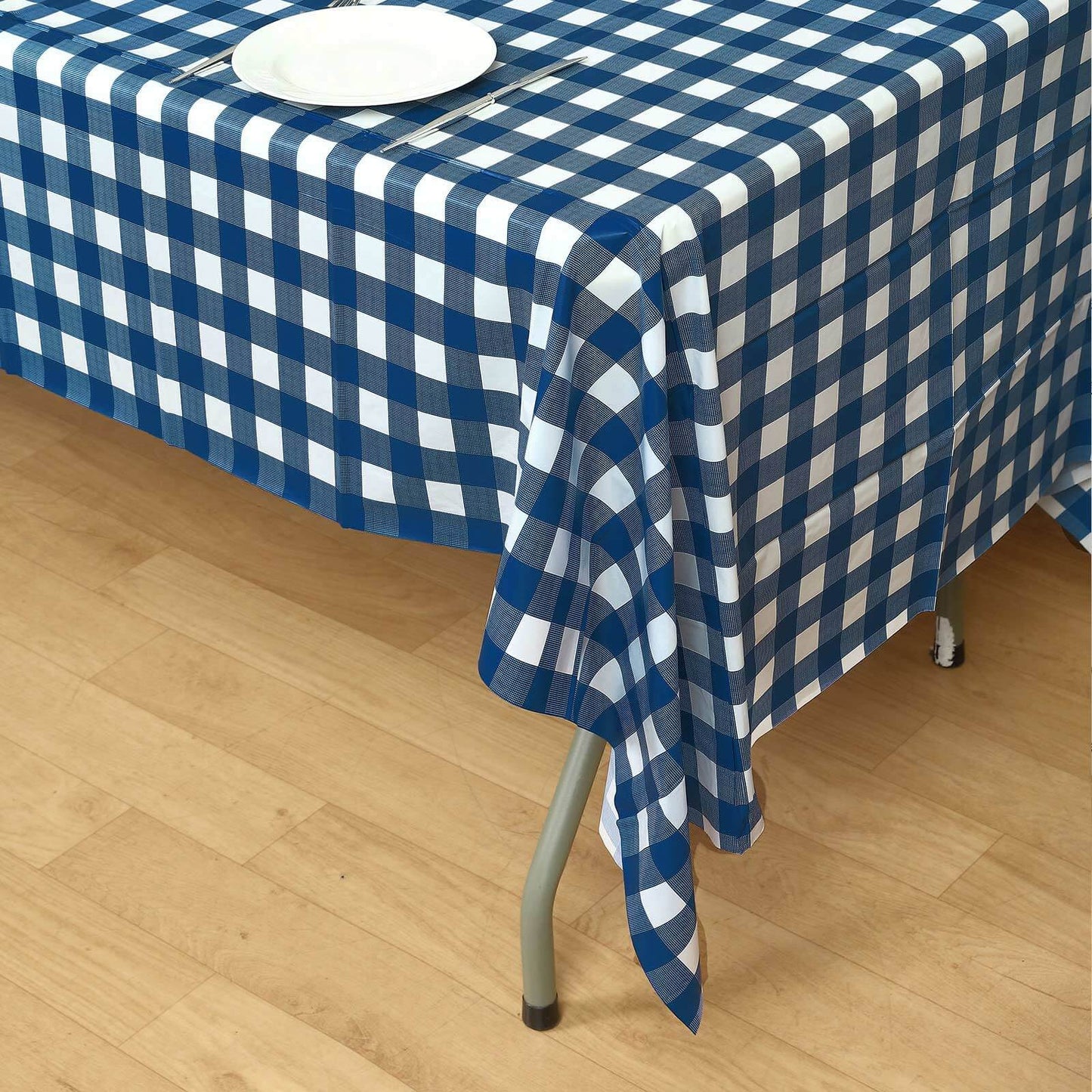 5 - Pack Plastic Table Covers Navy Blue Checkered Rectangle - Durable PVC Disposable Covers for Events 54"x108" - Linen Luxes