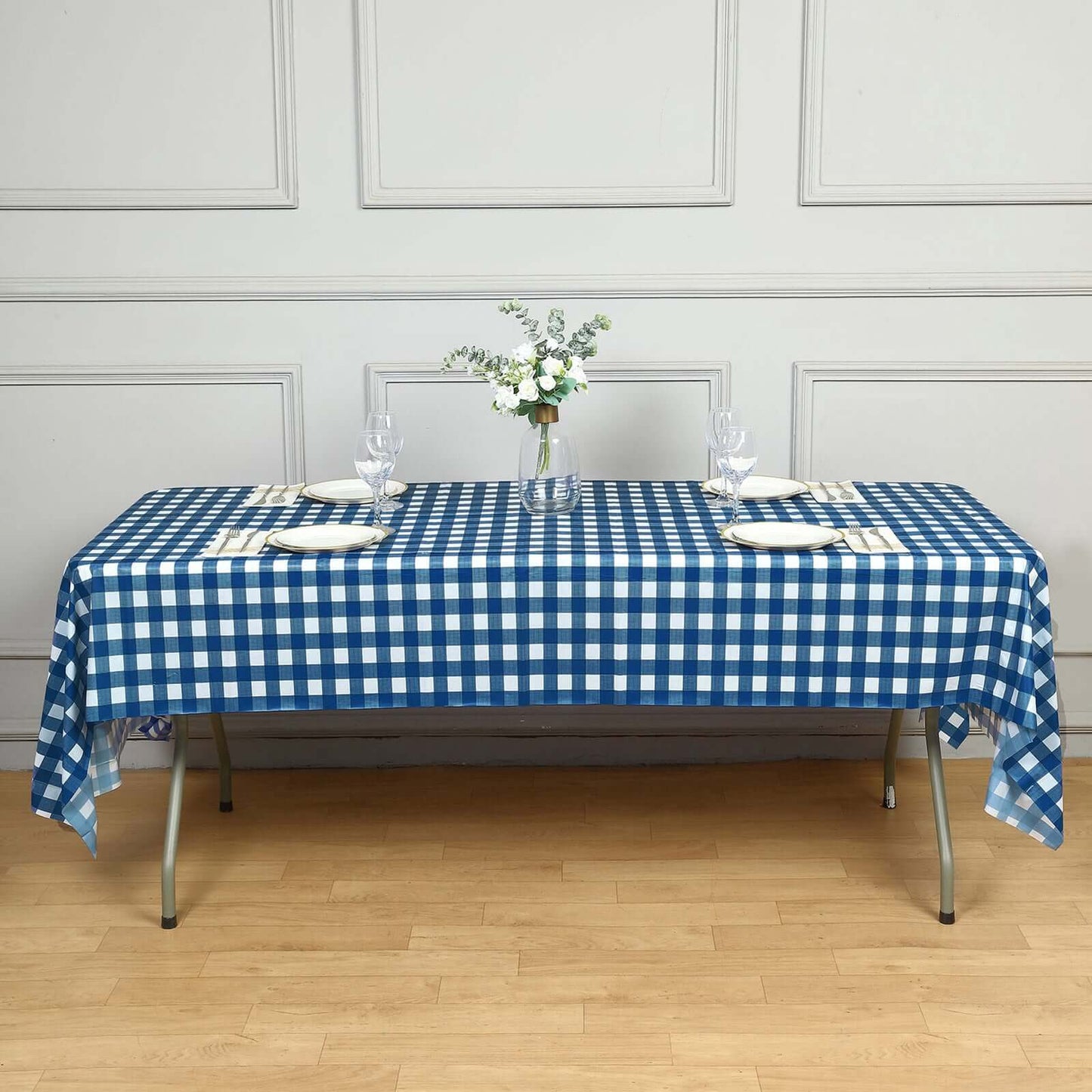 5 - Pack Plastic Table Covers Navy Blue Checkered Rectangle - Durable PVC Disposable Covers for Events 54"x108" - Linen Luxes