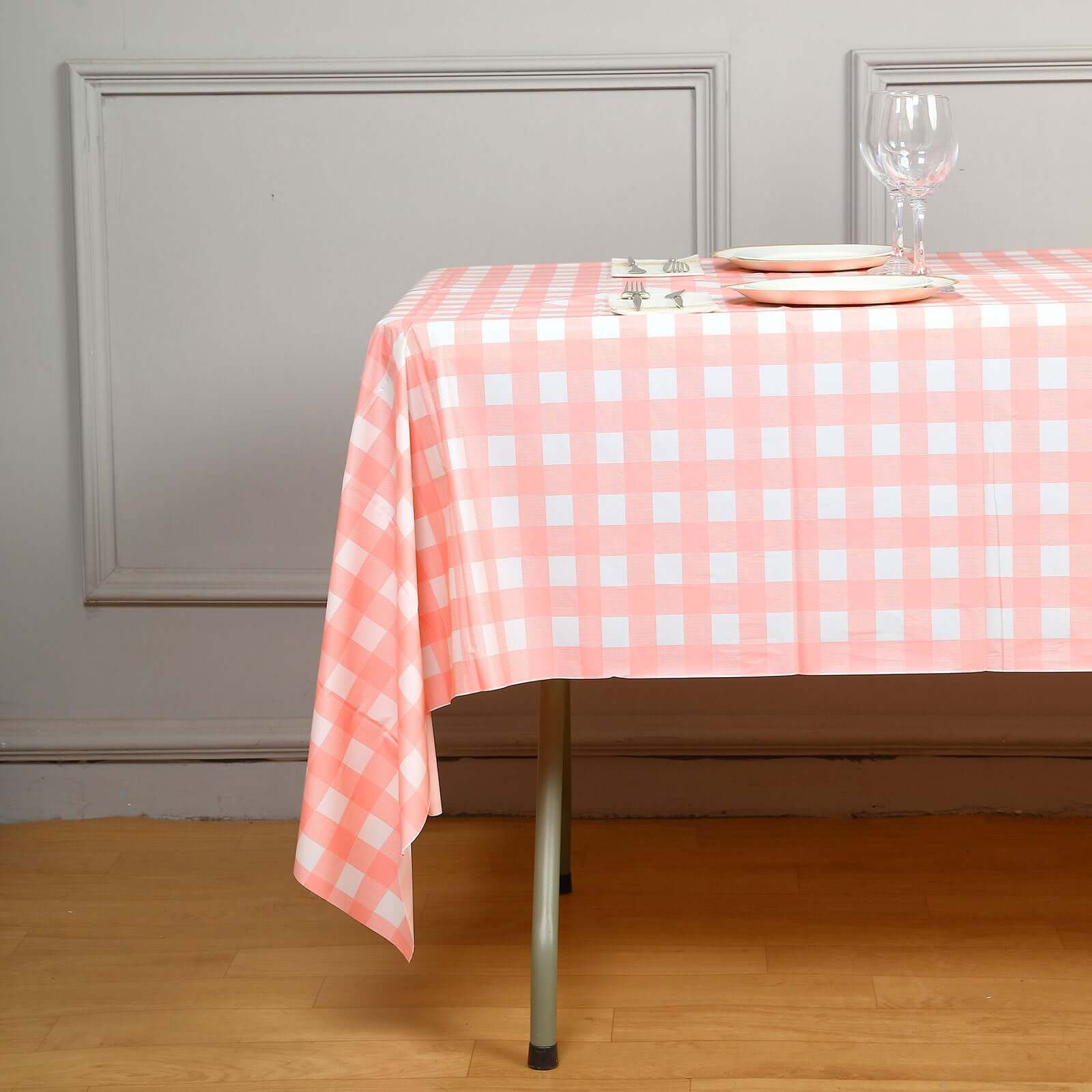 5 - Pack Plastic Table Covers Pink Checkered Rectangle - Durable PVC Disposable Covers for Events 54"x108" - Linen Luxes