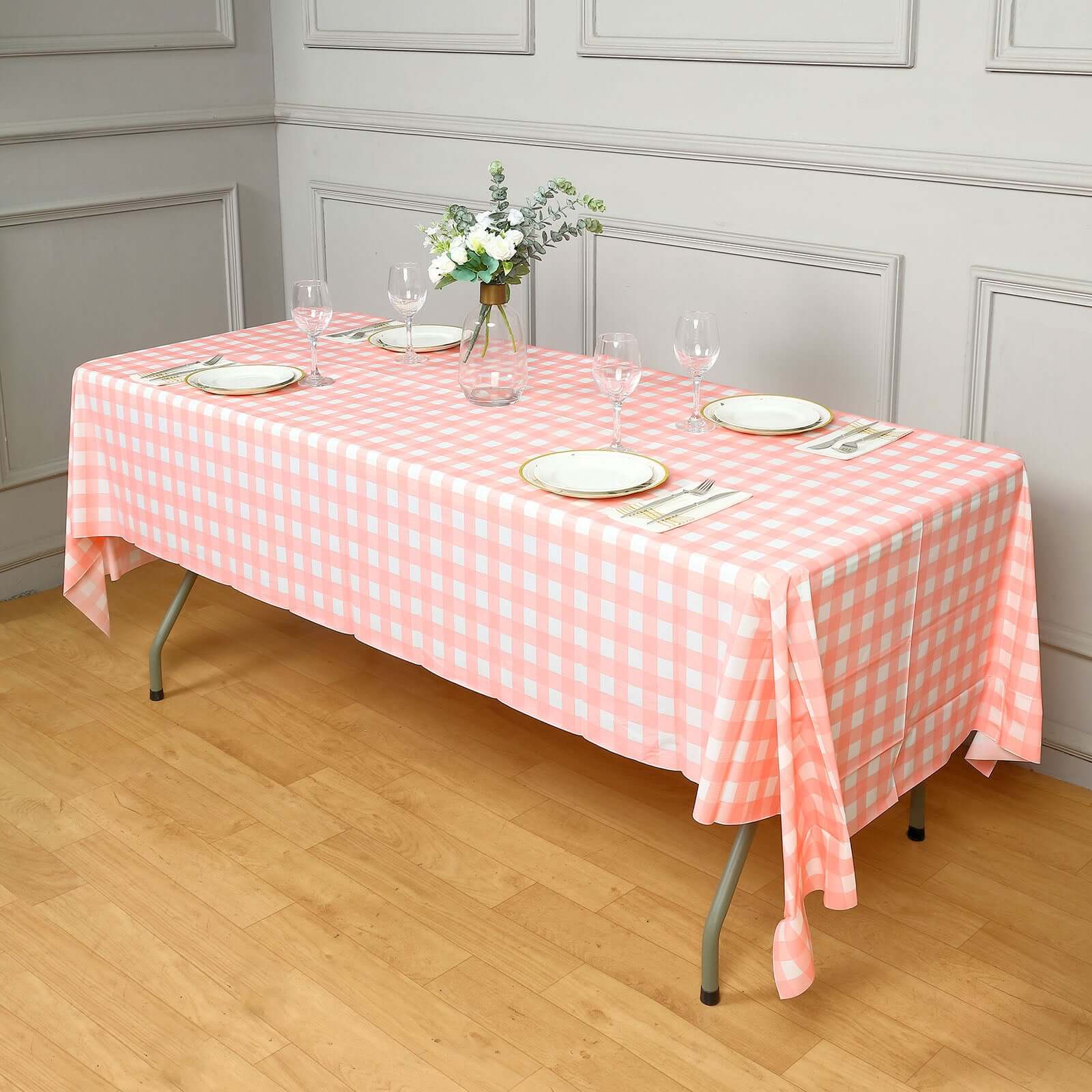 5 - Pack Plastic Table Covers Pink Checkered Rectangle - Durable PVC Disposable Covers for Events 54"x108" - Linen Luxes