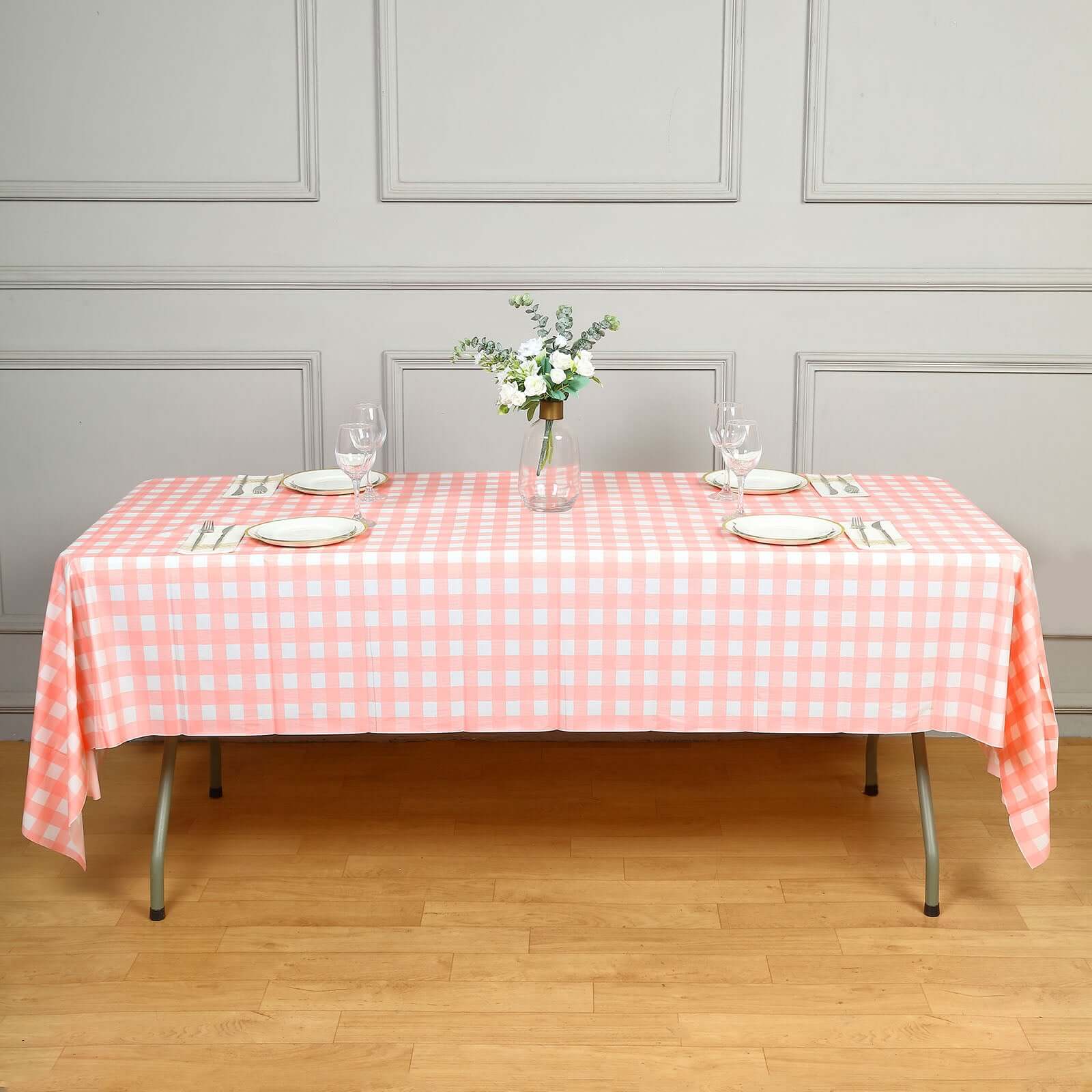 5 - Pack Plastic Table Covers Pink Checkered Rectangle - Durable PVC Disposable Covers for Events 54"x108" - Linen Luxes
