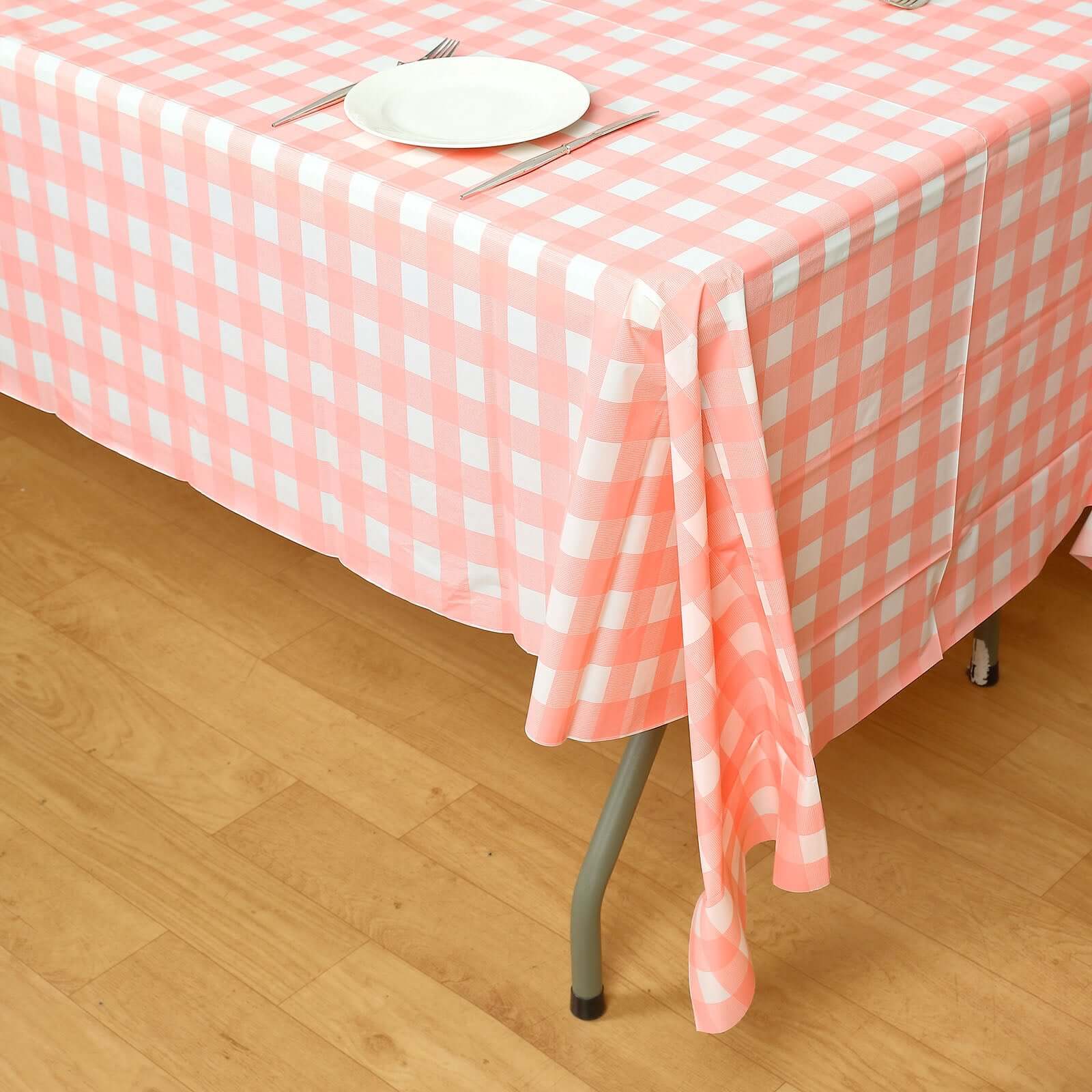 5 - Pack Plastic Table Covers Pink Checkered Rectangle - Durable PVC Disposable Covers for Events 54"x108" - Linen Luxes