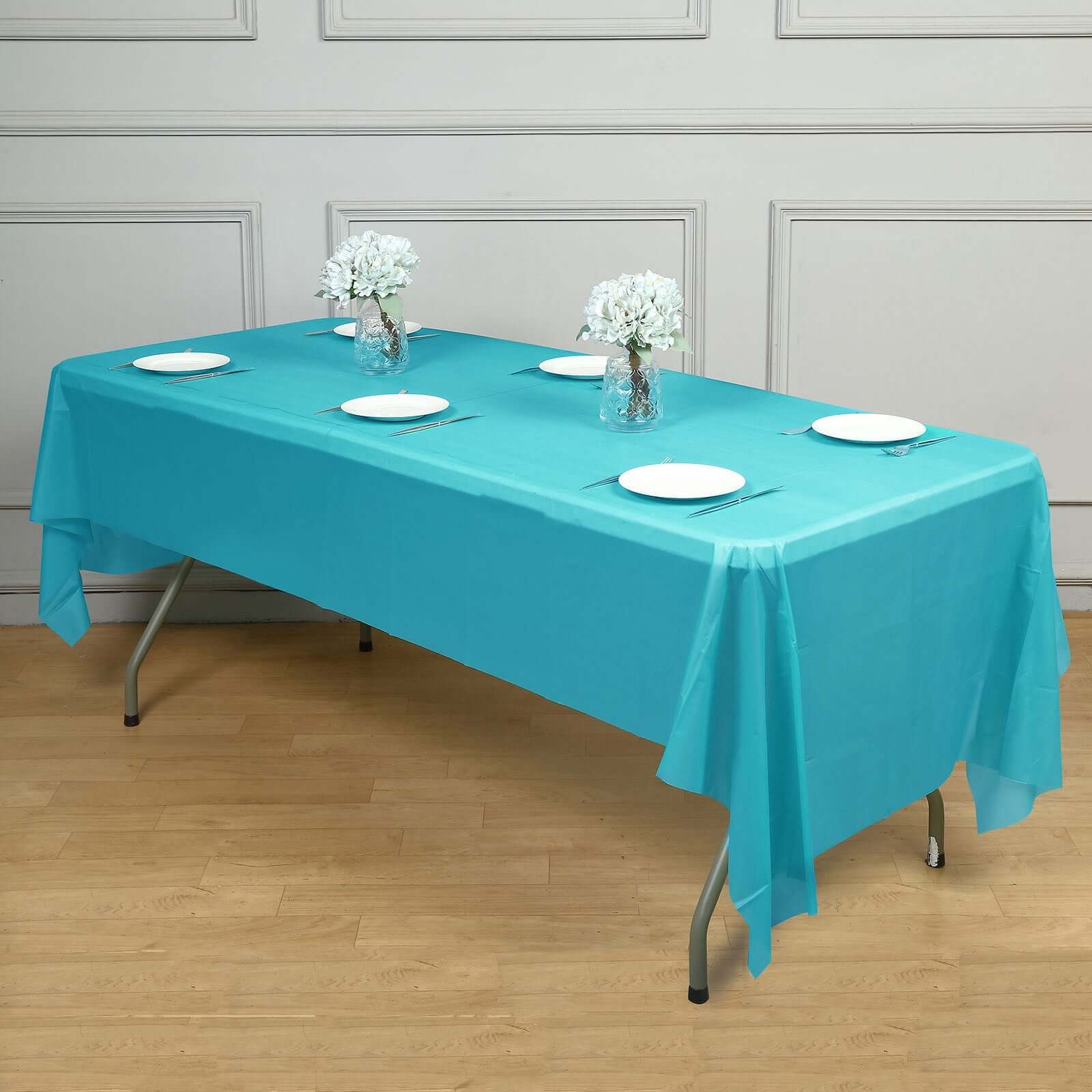 5 - Pack Plastic Table Covers Turquoise Rectangle - Reliable PVC Disposable Covers for Gatherings 54"x108" - Linen Luxes