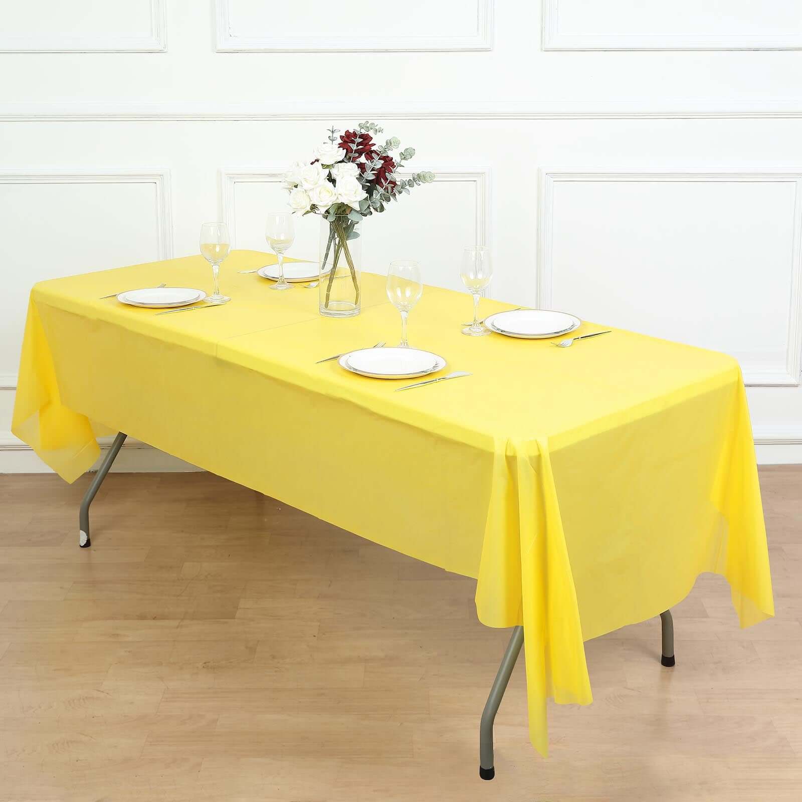 5 - Pack Plastic Table Covers Yellow Rectangle - Reliable PVC Disposable Covers for Gatherings 54"x108" - Linen Luxes