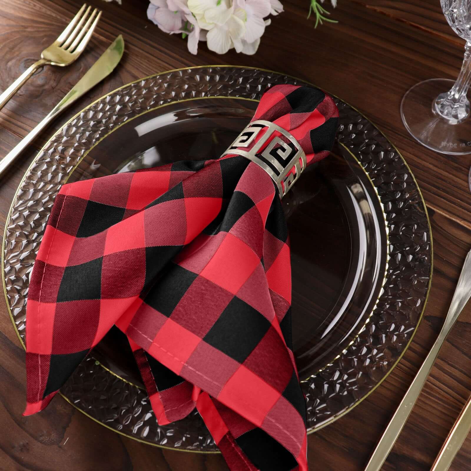 5 Pack Polyester 15"x15" Napkins Black/Red Buffalo Plaid Gingham Style Cloth Napkins - Linen Luxes