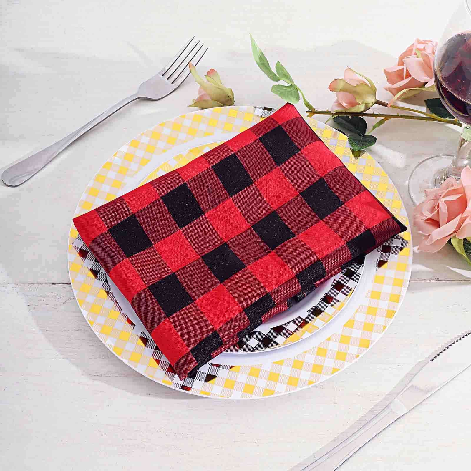 5 Pack Polyester 15"x15" Napkins Black/Red Buffalo Plaid Gingham Style Cloth Napkins - Linen Luxes