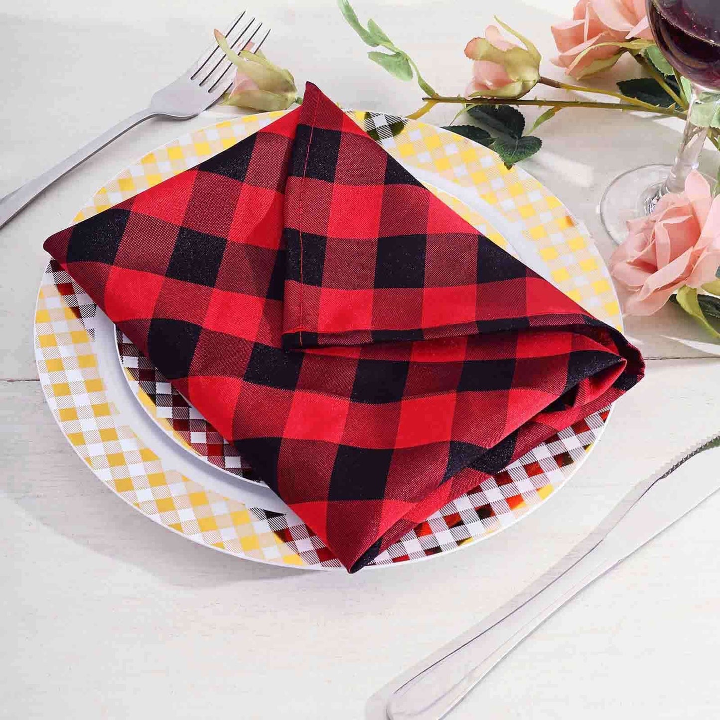 5 Pack Polyester 15"x15" Napkins Black/Red Buffalo Plaid Gingham Style Cloth Napkins - Linen Luxes