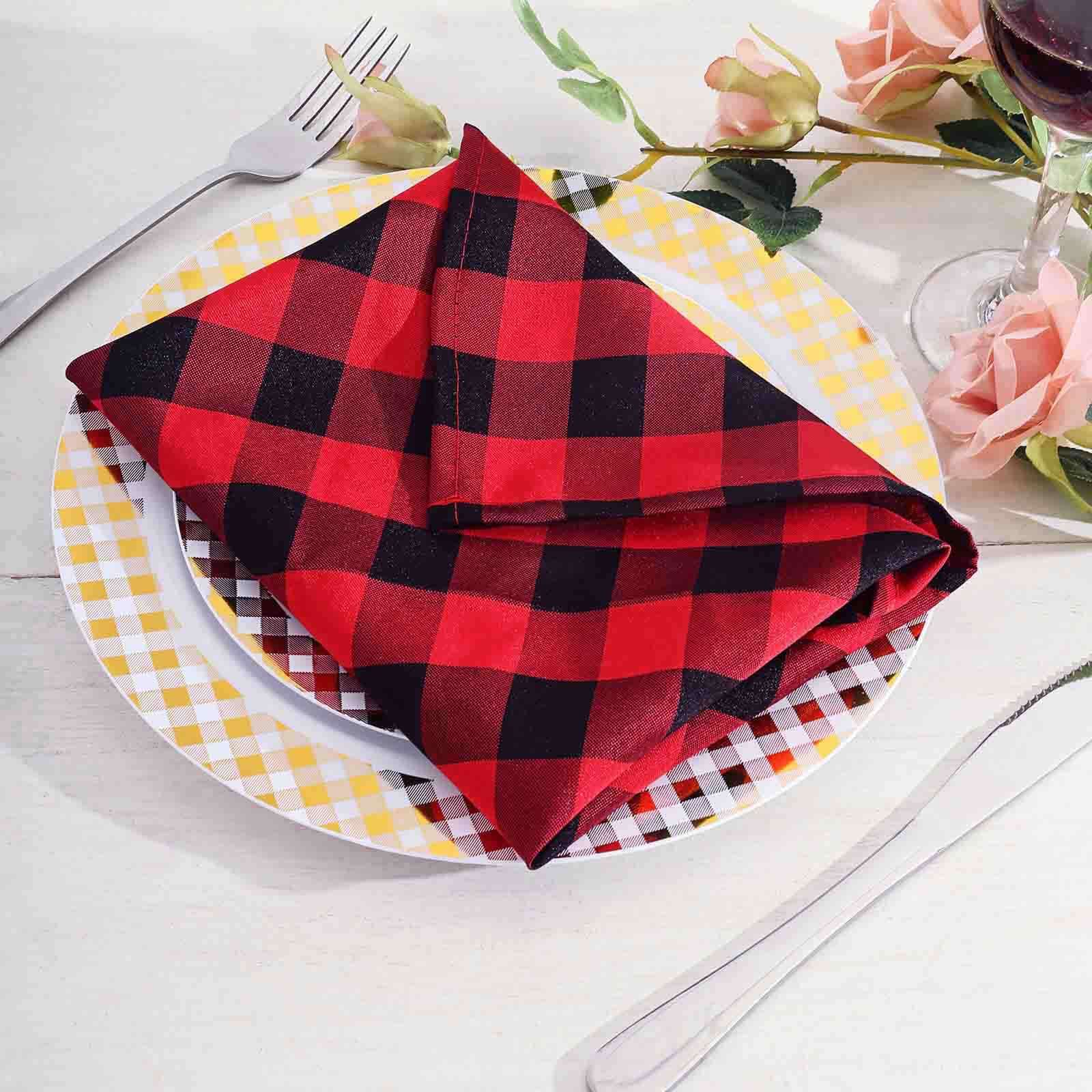5 Pack Polyester 15"x15" Napkins Black/Red Buffalo Plaid Gingham Style Cloth Napkins - Linen Luxes