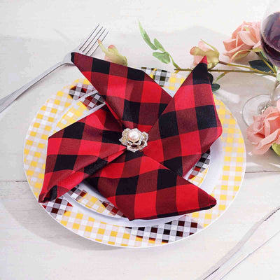 5 Pack Polyester 15"x15" Napkins Black/Red Buffalo Plaid Gingham Style Cloth Napkins - Linen Luxes