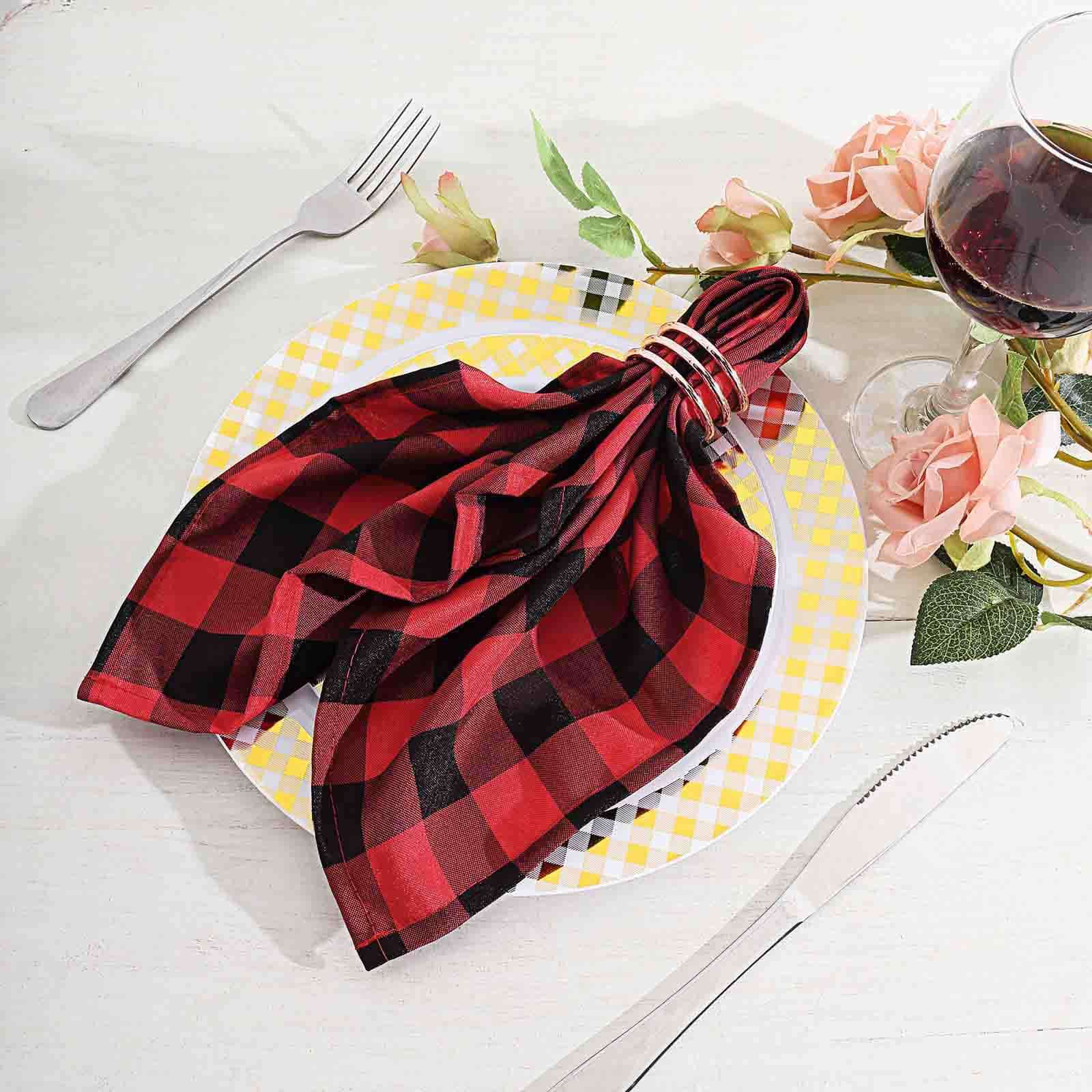 5 Pack Polyester 15"x15" Napkins Black/Red Buffalo Plaid Gingham Style Cloth Napkins - Linen Luxes
