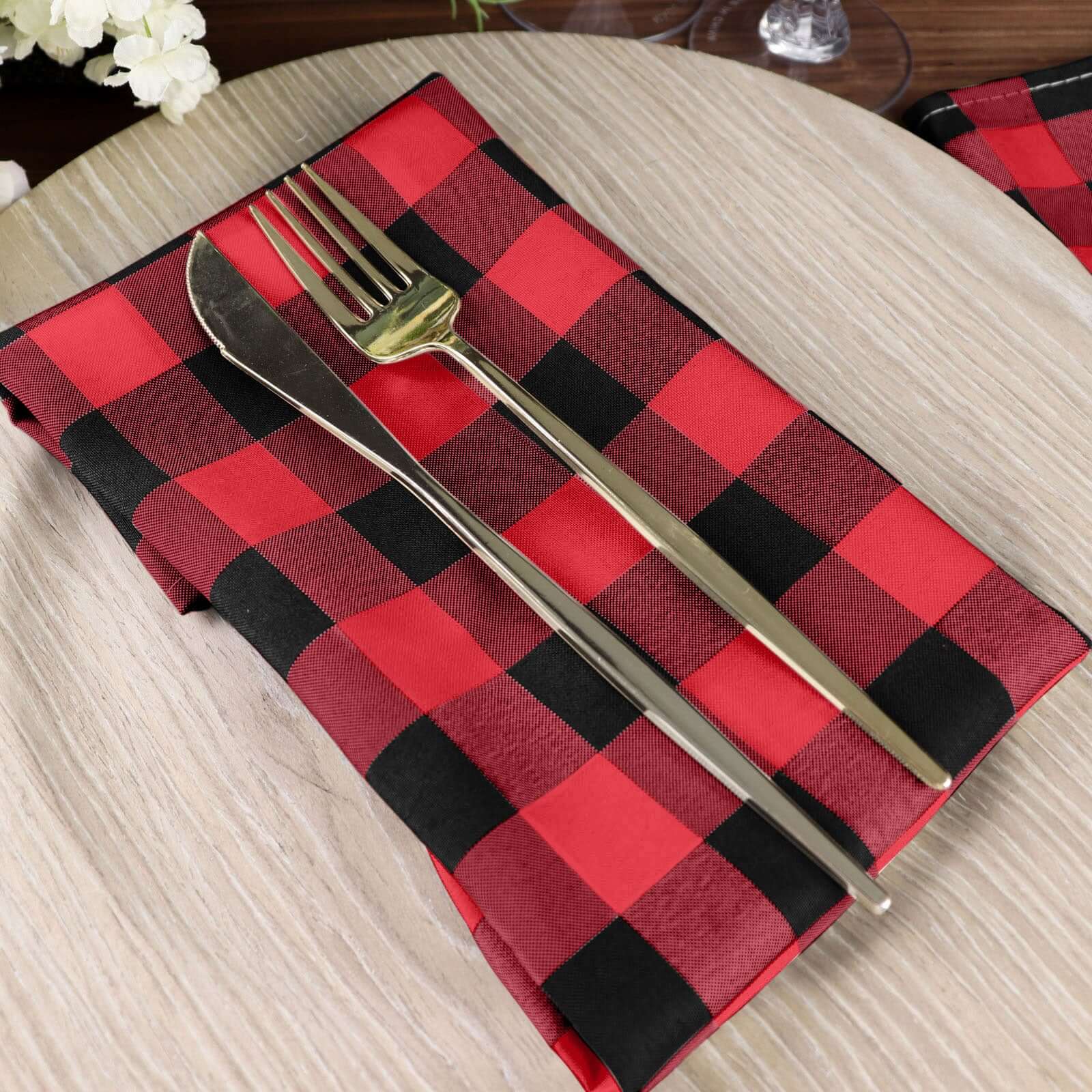 5 Pack Polyester 15"x15" Napkins Black/Red Buffalo Plaid Gingham Style Cloth Napkins - Linen Luxes