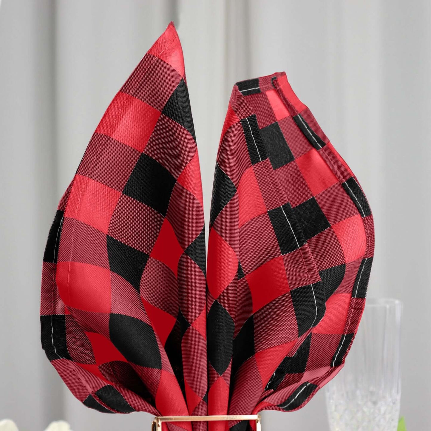 5 Pack Polyester 15"x15" Napkins Black/Red Buffalo Plaid Gingham Style Cloth Napkins - Linen Luxes