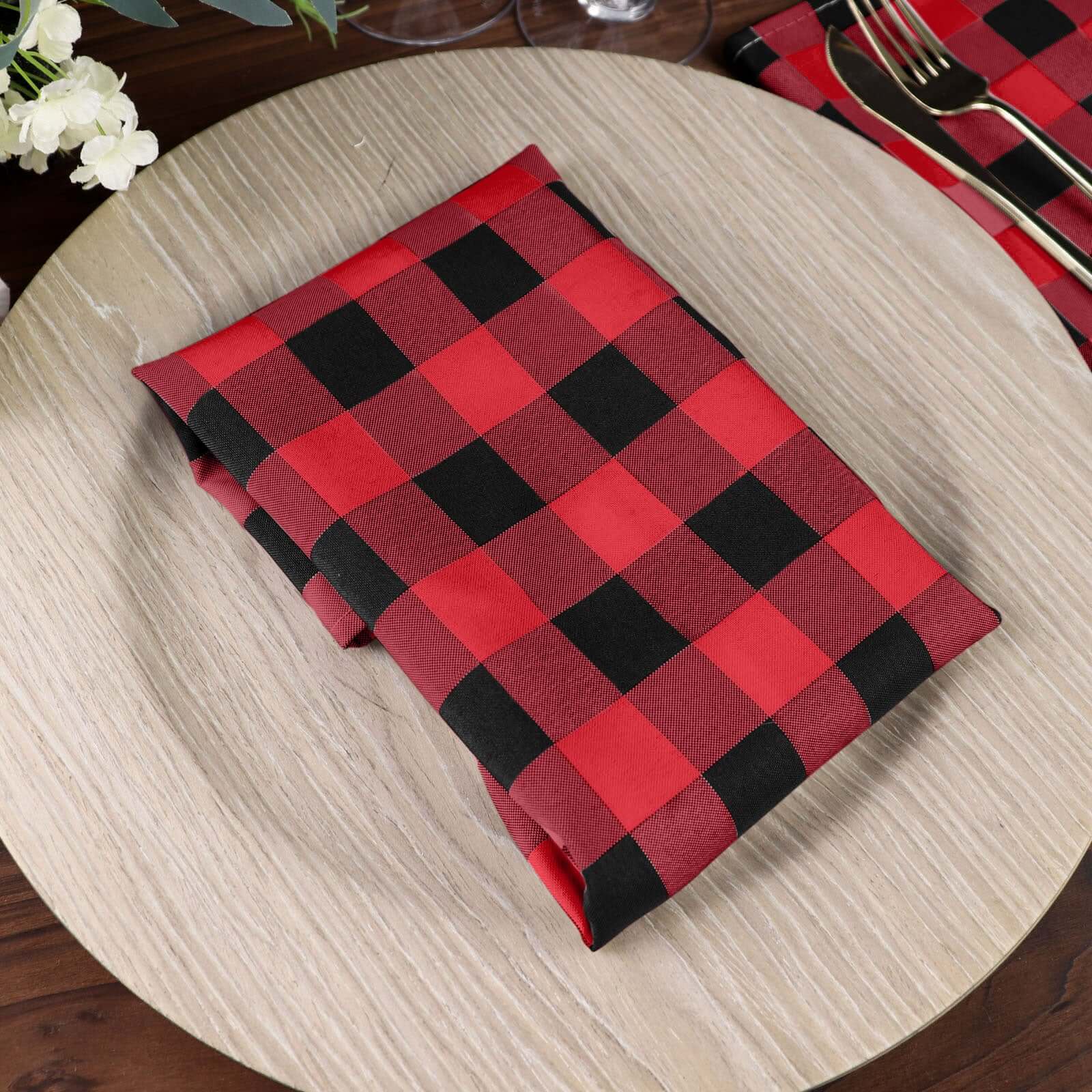 5 Pack Polyester 15"x15" Napkins Black/Red Buffalo Plaid Gingham Style Cloth Napkins - Linen Luxes
