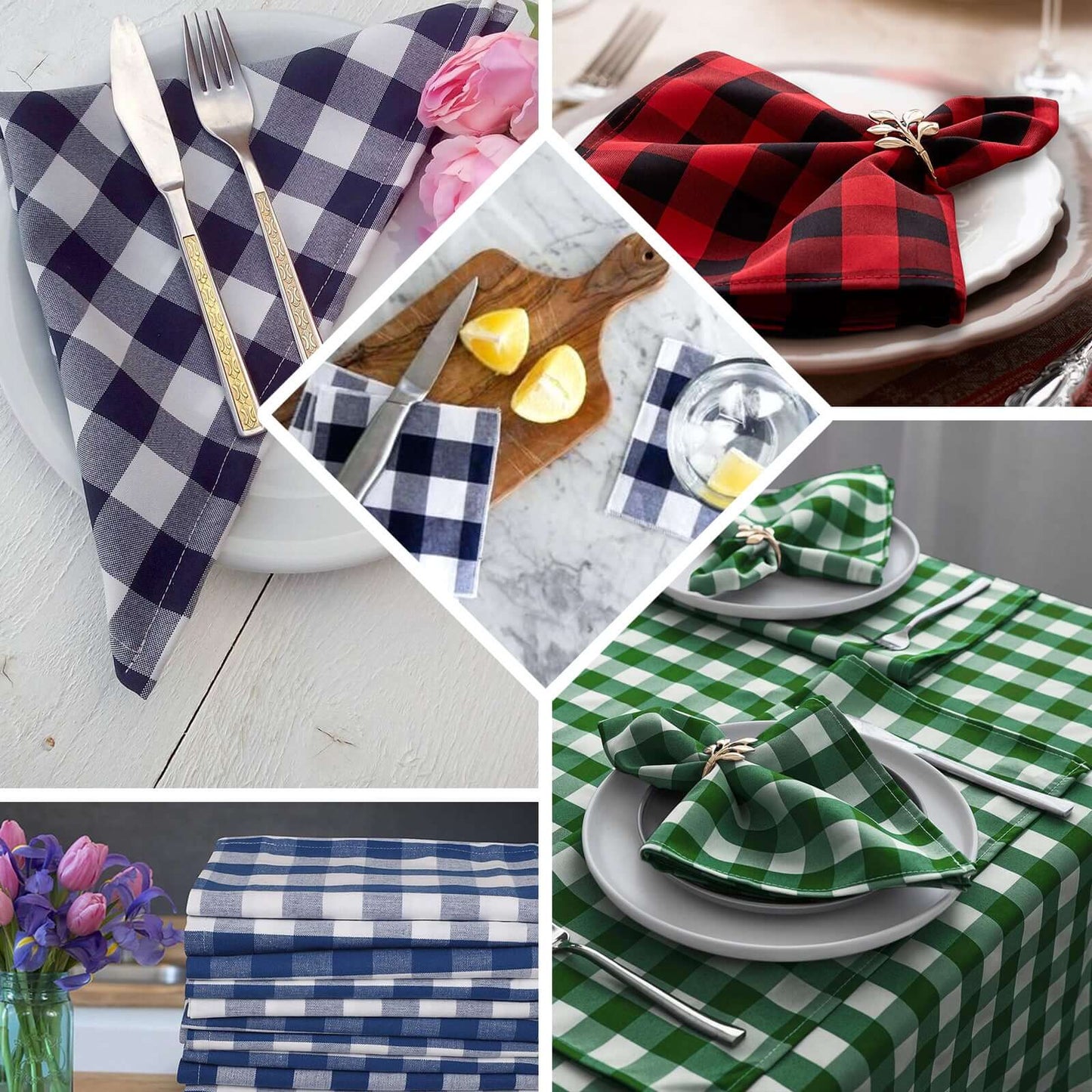 5 Pack Polyester 15"x15" Napkins Black/Red Buffalo Plaid Gingham Style Cloth Napkins - Linen Luxes