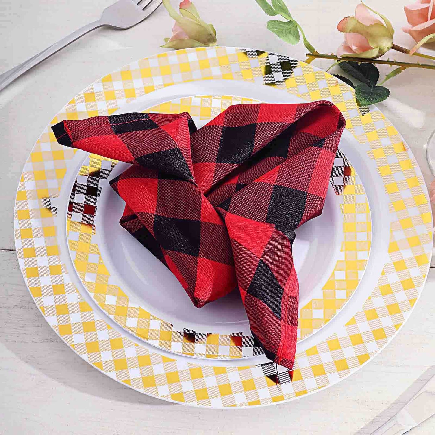 5 Pack Polyester 15"x15" Napkins Black/Red Buffalo Plaid Gingham Style Cloth Napkins - Linen Luxes