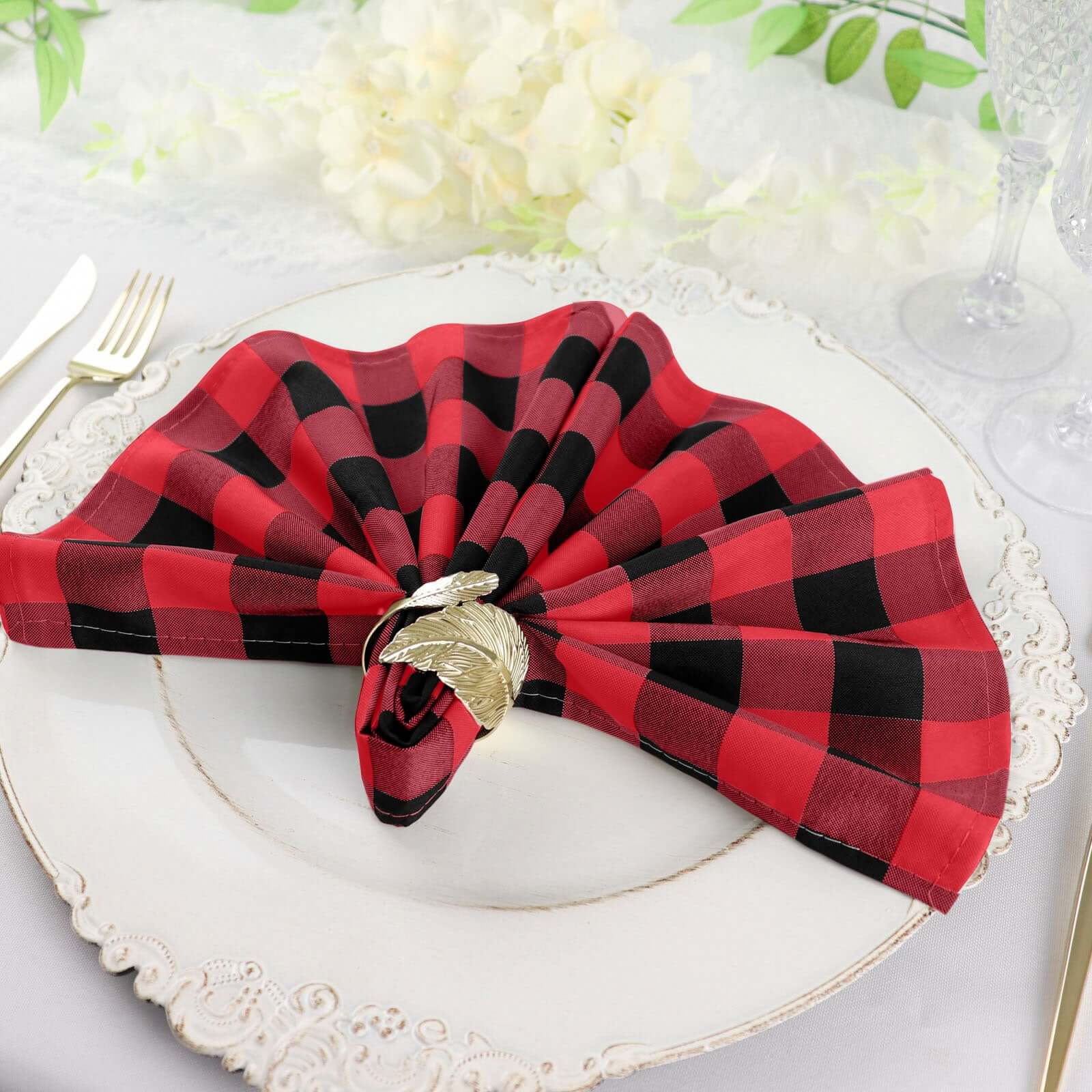5 Pack Polyester 15"x15" Napkins Black/Red Buffalo Plaid Gingham Style Cloth Napkins - Linen Luxes