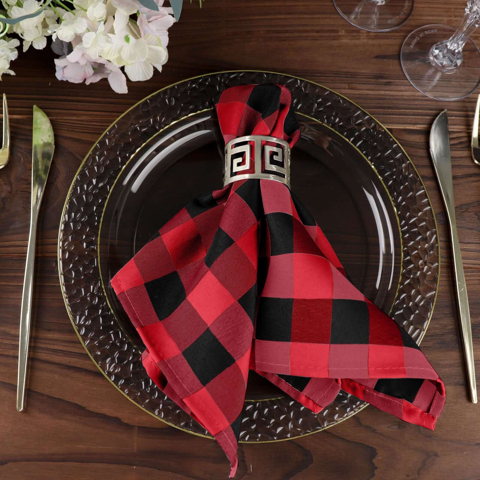 5 Pack Polyester 15"x15" Napkins Black/Red Buffalo Plaid Gingham Style Cloth Napkins - Linen Luxes