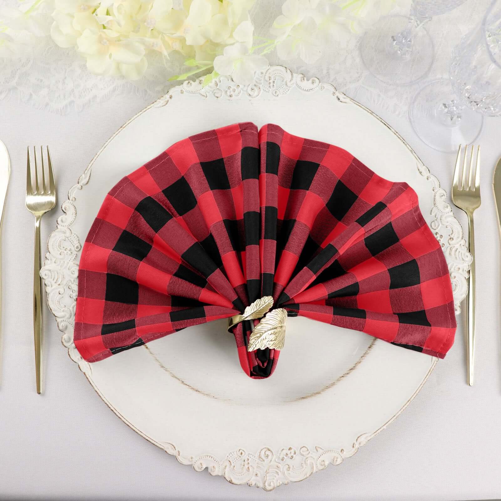 5 Pack Polyester 15"x15" Napkins Black/Red Buffalo Plaid Gingham Style Cloth Napkins - Linen Luxes