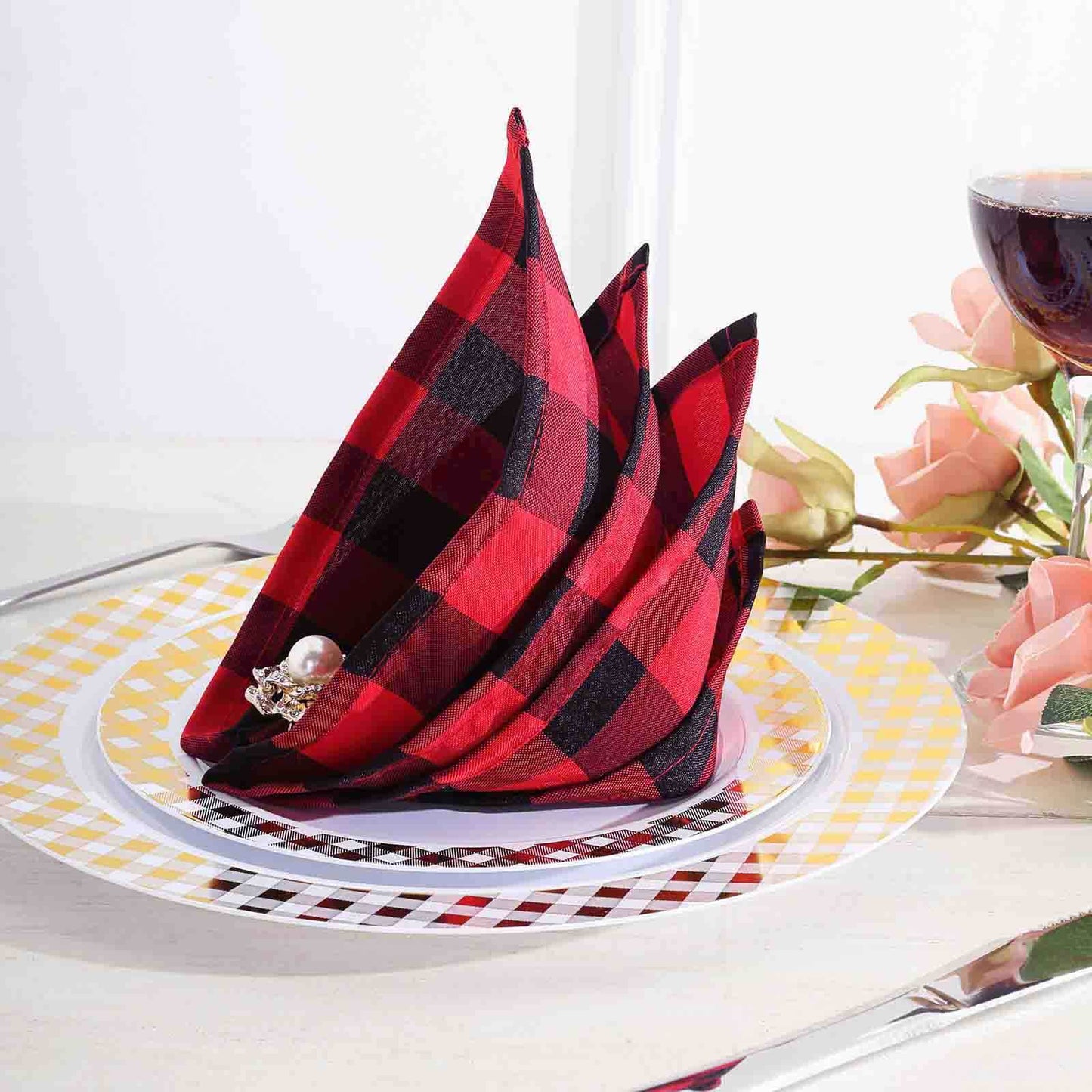 5 Pack Polyester 15"x15" Napkins Black/Red Buffalo Plaid Gingham Style Cloth Napkins - Linen Luxes