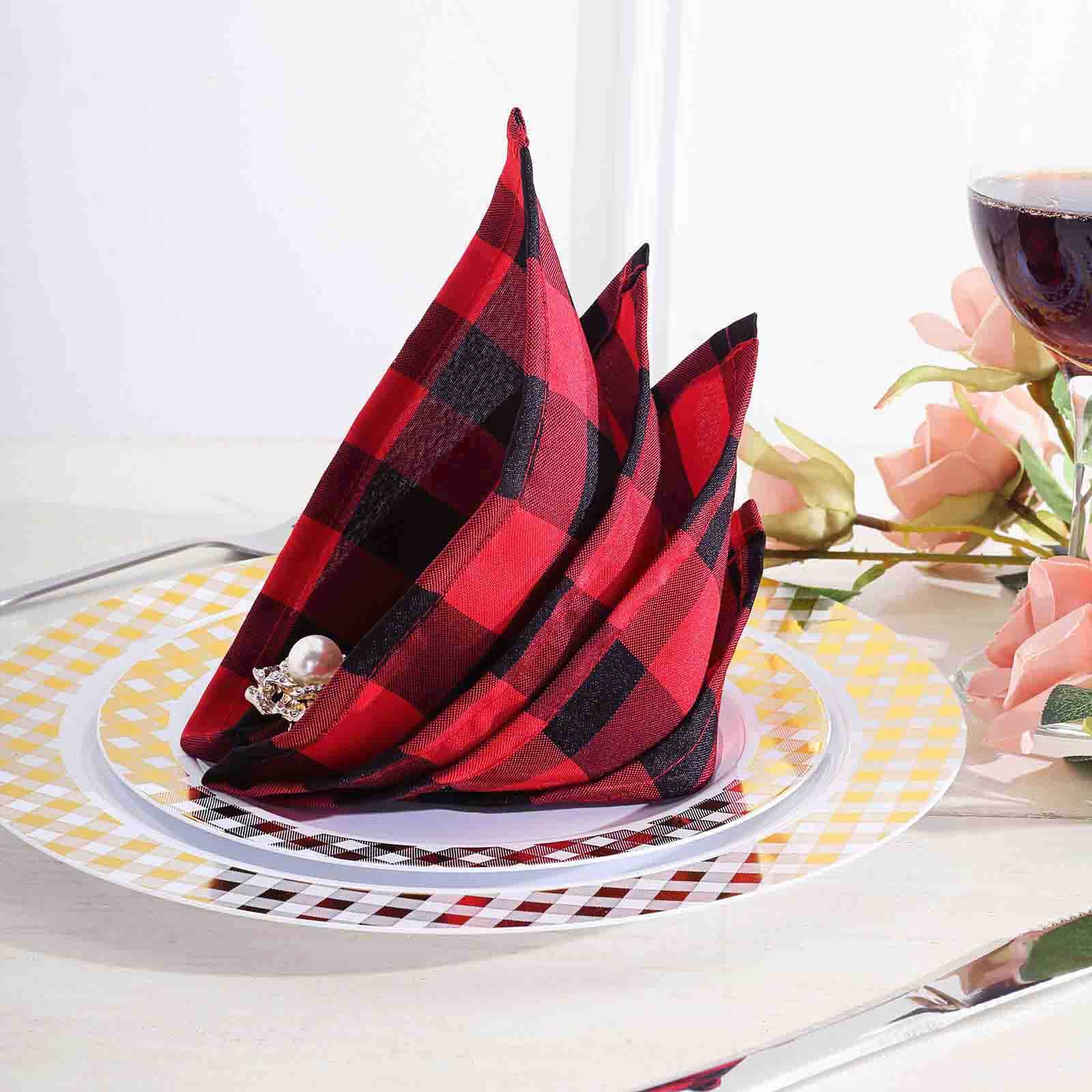 5 Pack Polyester 15"x15" Napkins Black/Red Buffalo Plaid Gingham Style Cloth Napkins - Linen Luxes