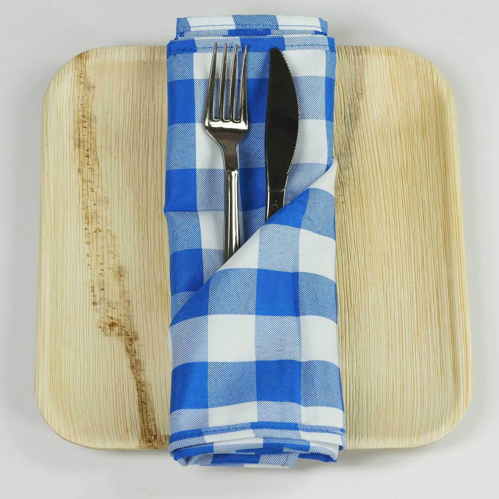 5 Pack Polyester 15"x15" Napkins Blue/White Buffalo Plaid Gingham Style Cloth Napkins - Linen Luxes