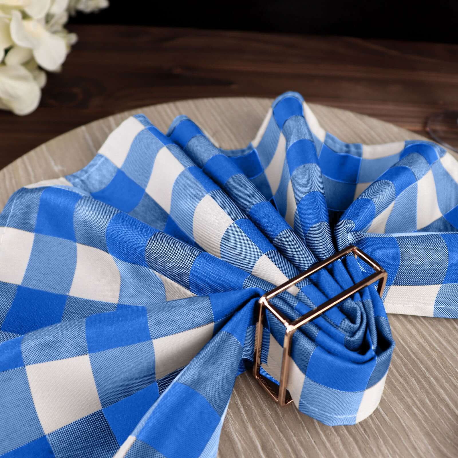 5 Pack Polyester 15"x15" Napkins Blue/White Buffalo Plaid Gingham Style Cloth Napkins - Linen Luxes