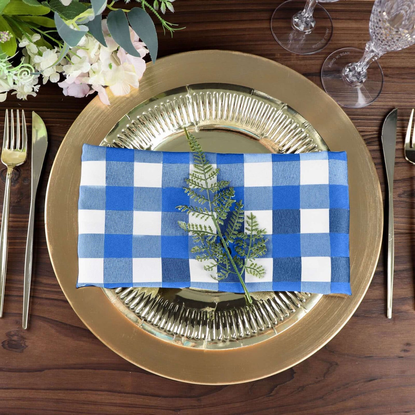 5 Pack Polyester 15"x15" Napkins Blue/White Buffalo Plaid Gingham Style Cloth Napkins - Linen Luxes