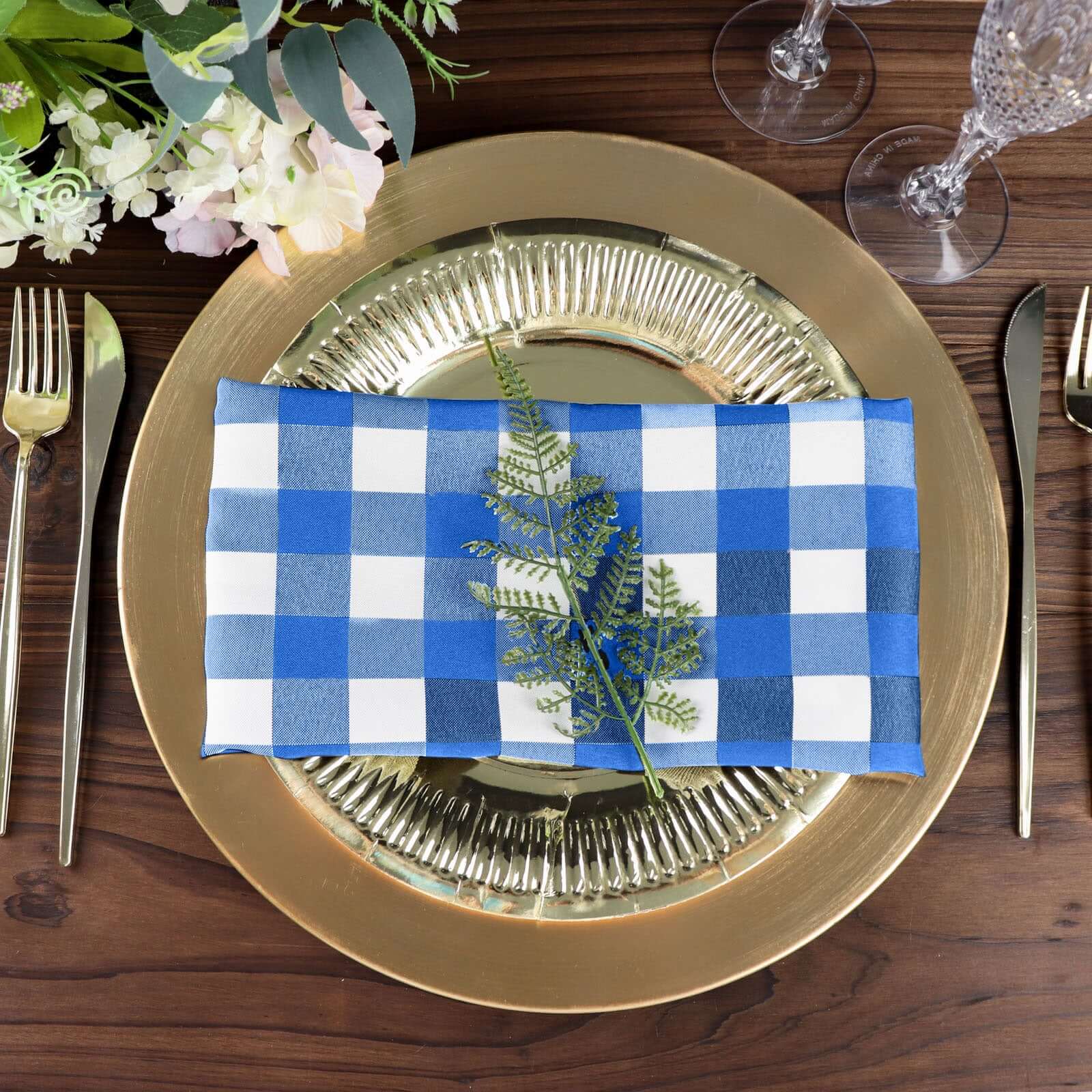 5 Pack Polyester 15"x15" Napkins Blue/White Buffalo Plaid Gingham Style Cloth Napkins - Linen Luxes