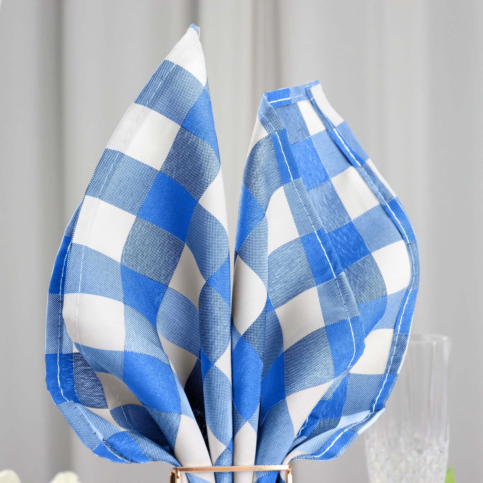 5 Pack Polyester 15"x15" Napkins Blue/White Buffalo Plaid Gingham Style Cloth Napkins - Linen Luxes