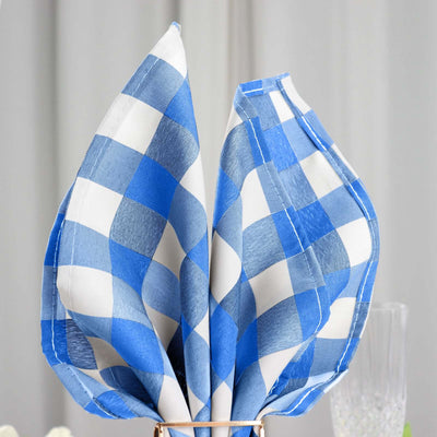 5 Pack Polyester 15"x15" Napkins Blue/White Buffalo Plaid Gingham Style Cloth Napkins - Linen Luxes