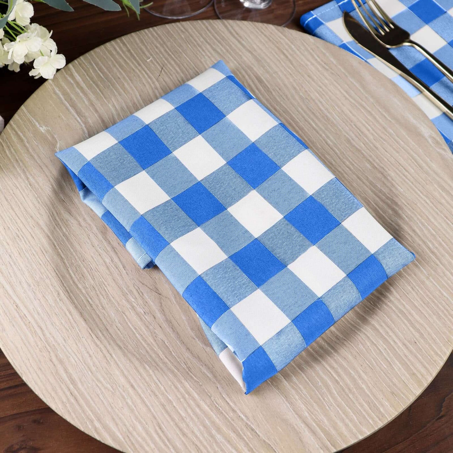 5 Pack Polyester 15"x15" Napkins Blue/White Buffalo Plaid Gingham Style Cloth Napkins - Linen Luxes