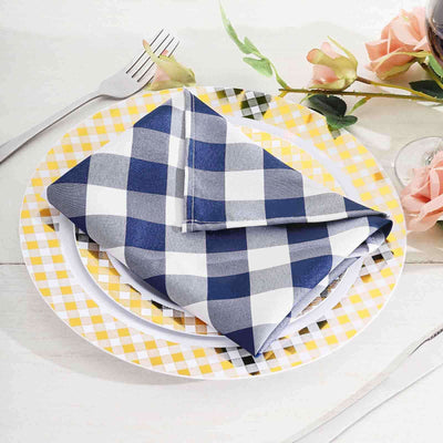 5 Pack Polyester 15"x15" Napkins Navy Blue/White Buffalo Plaid Gingham Style Cloth Napkins - Linen Luxes
