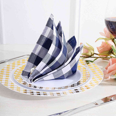 5 Pack Polyester 15"x15" Napkins Navy Blue/White Buffalo Plaid Gingham Style Cloth Napkins - Linen Luxes