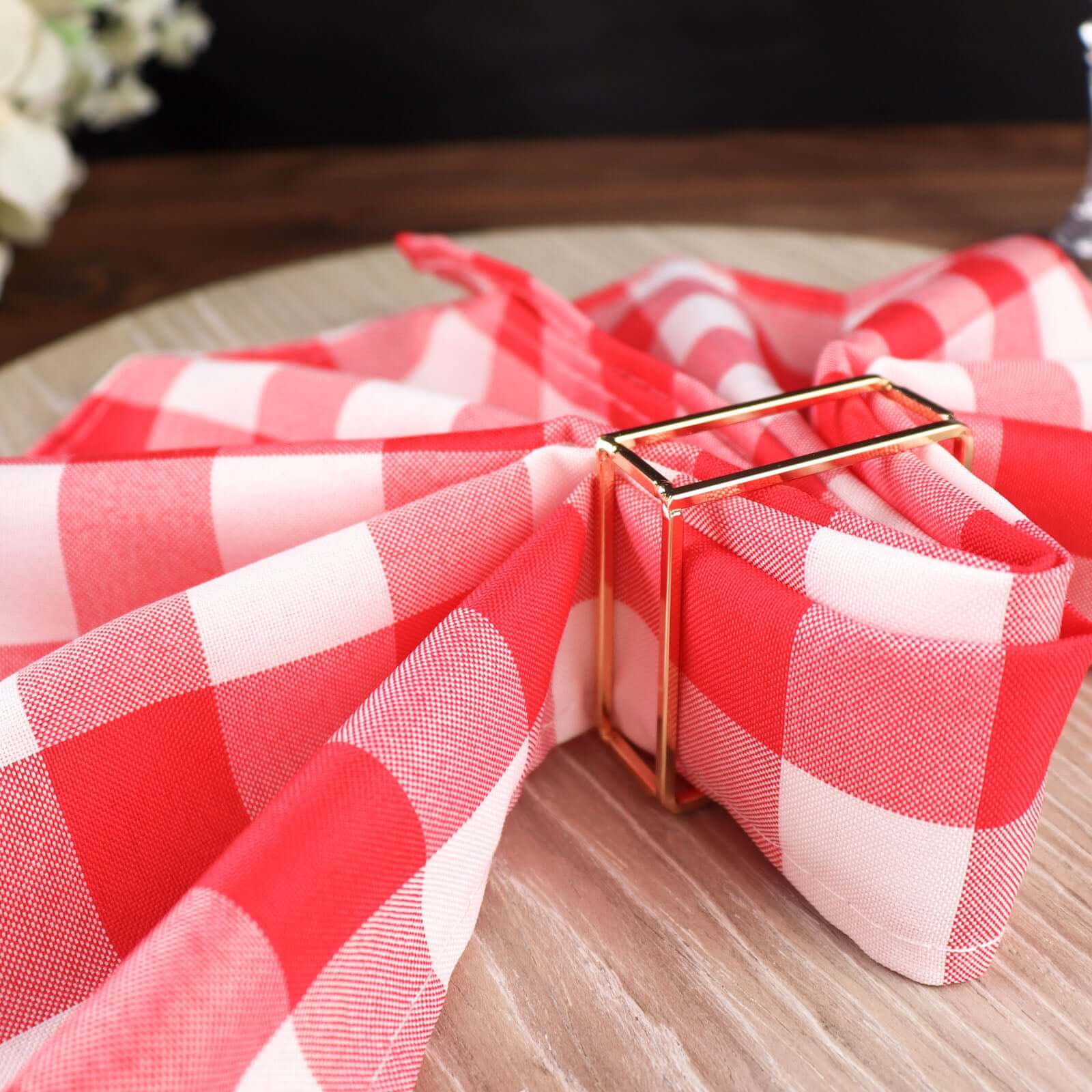 5 Pack Polyester 15"x15" Napkins Red/White Buffalo Plaid Gingham Style Cloth Napkins - Linen Luxes
