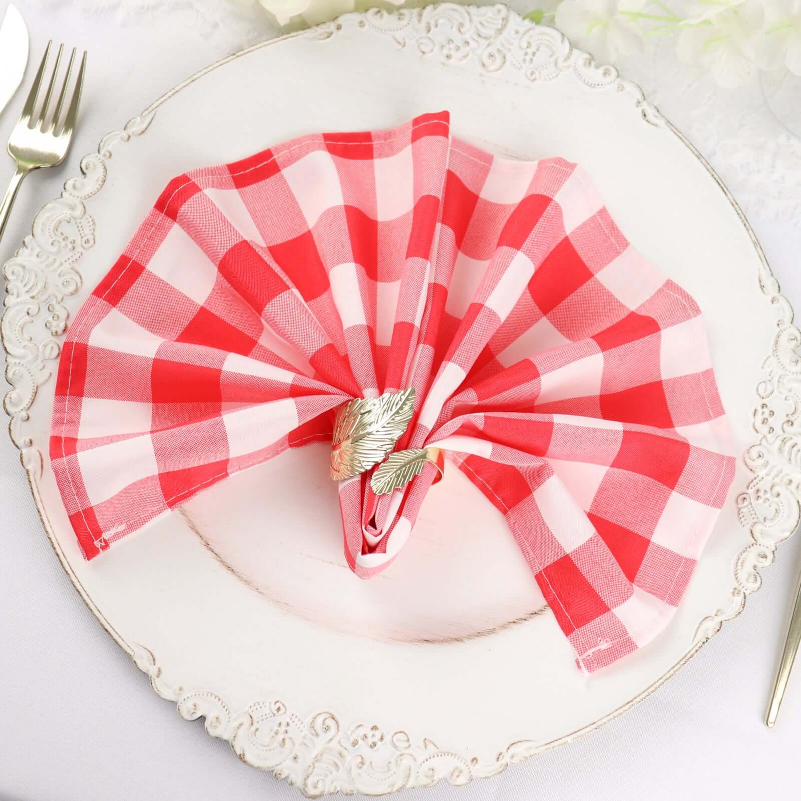5 Pack Polyester 15"x15" Napkins Red/White Buffalo Plaid Gingham Style Cloth Napkins - Linen Luxes