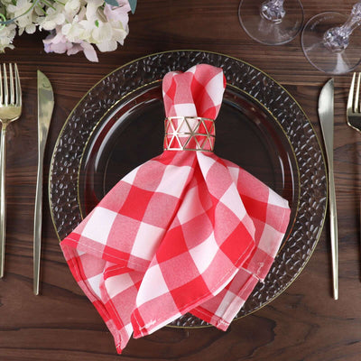 5 Pack Polyester 15"x15" Napkins Red/White Buffalo Plaid Gingham Style Cloth Napkins - Linen Luxes