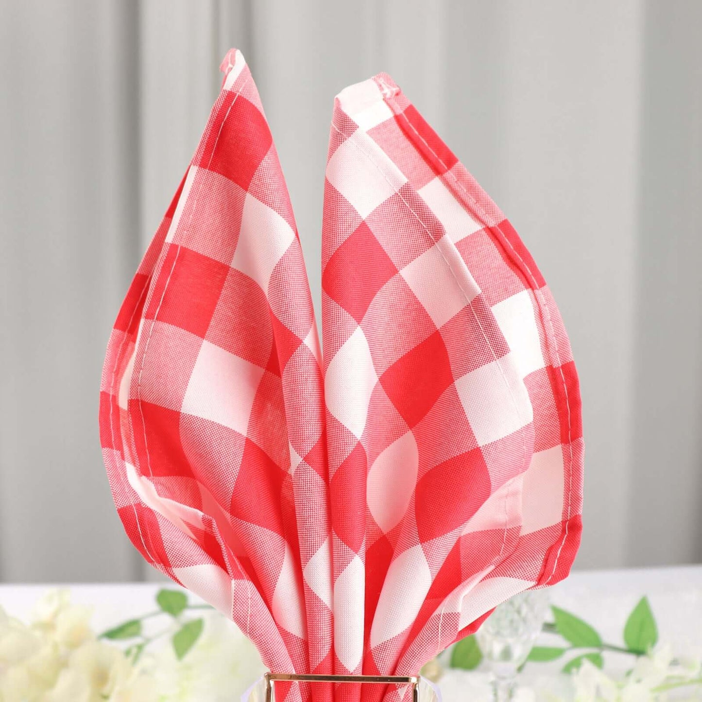 5 Pack Polyester 15"x15" Napkins Red/White Buffalo Plaid Gingham Style Cloth Napkins - Linen Luxes