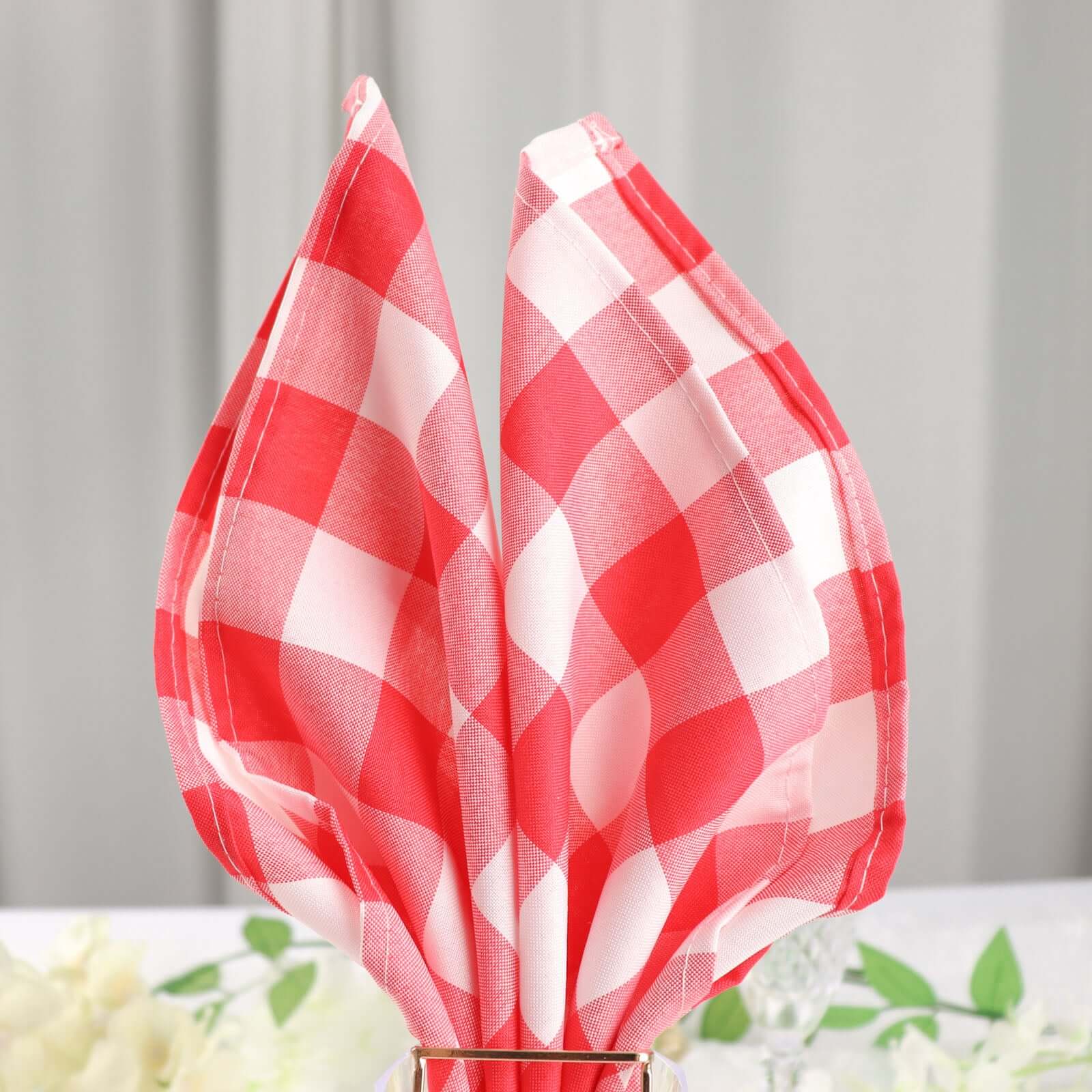 5 Pack Polyester 15"x15" Napkins Red/White Buffalo Plaid Gingham Style Cloth Napkins - Linen Luxes