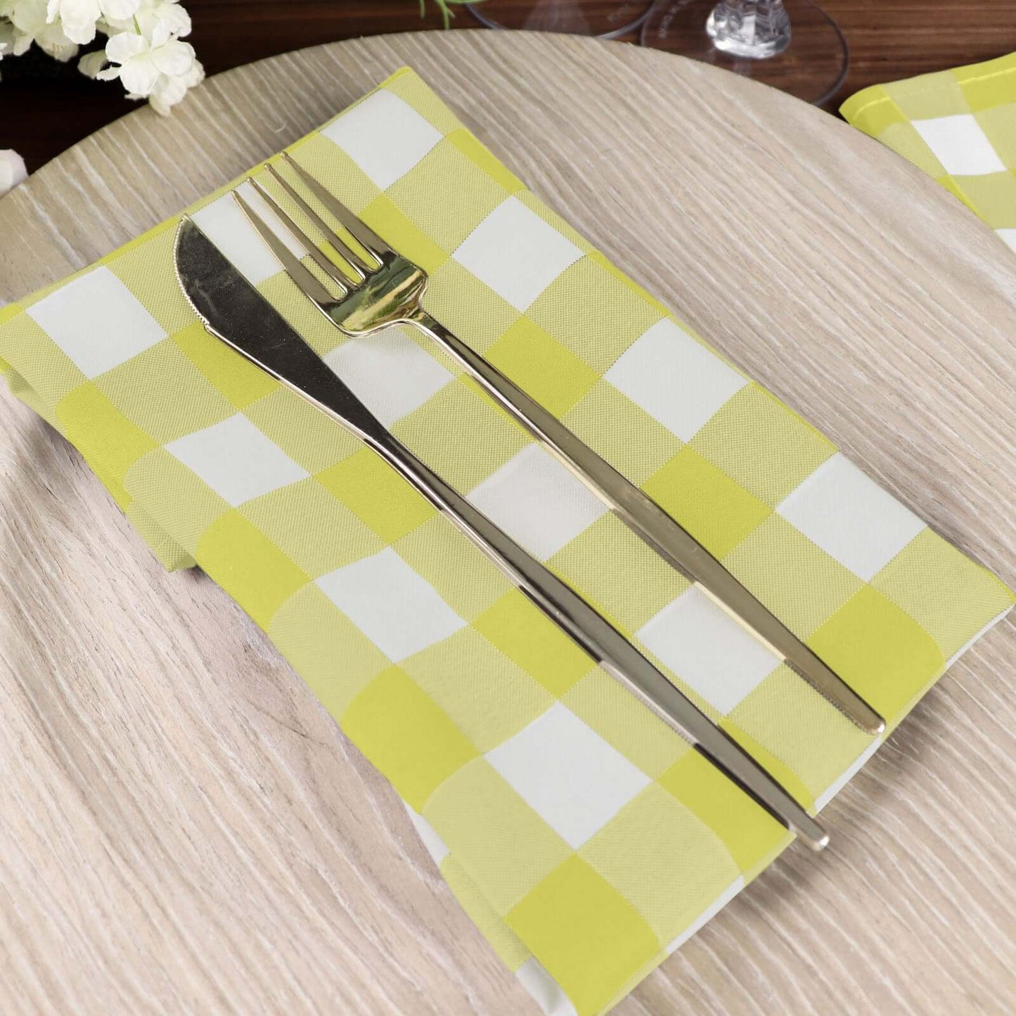 5 Pack Polyester 15"x15" Napkins Yellow/White Buffalo Plaid Gingham Style Cloth Napkins - Linen Luxes