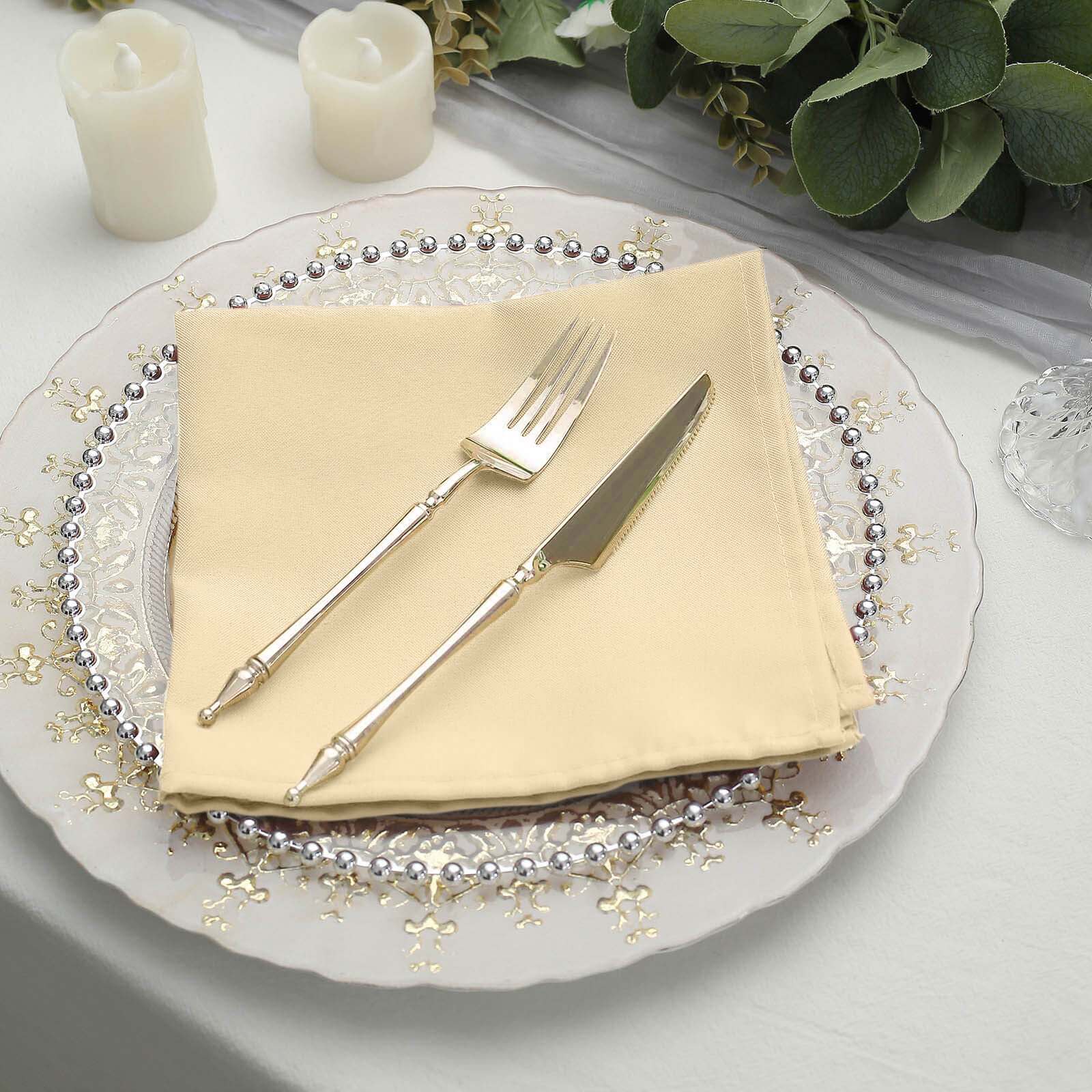 5 Pack Polyester 17"x17" Napkins Beige - Durable & Wrinkle Resistant Dinner Napkins - Linen Luxes