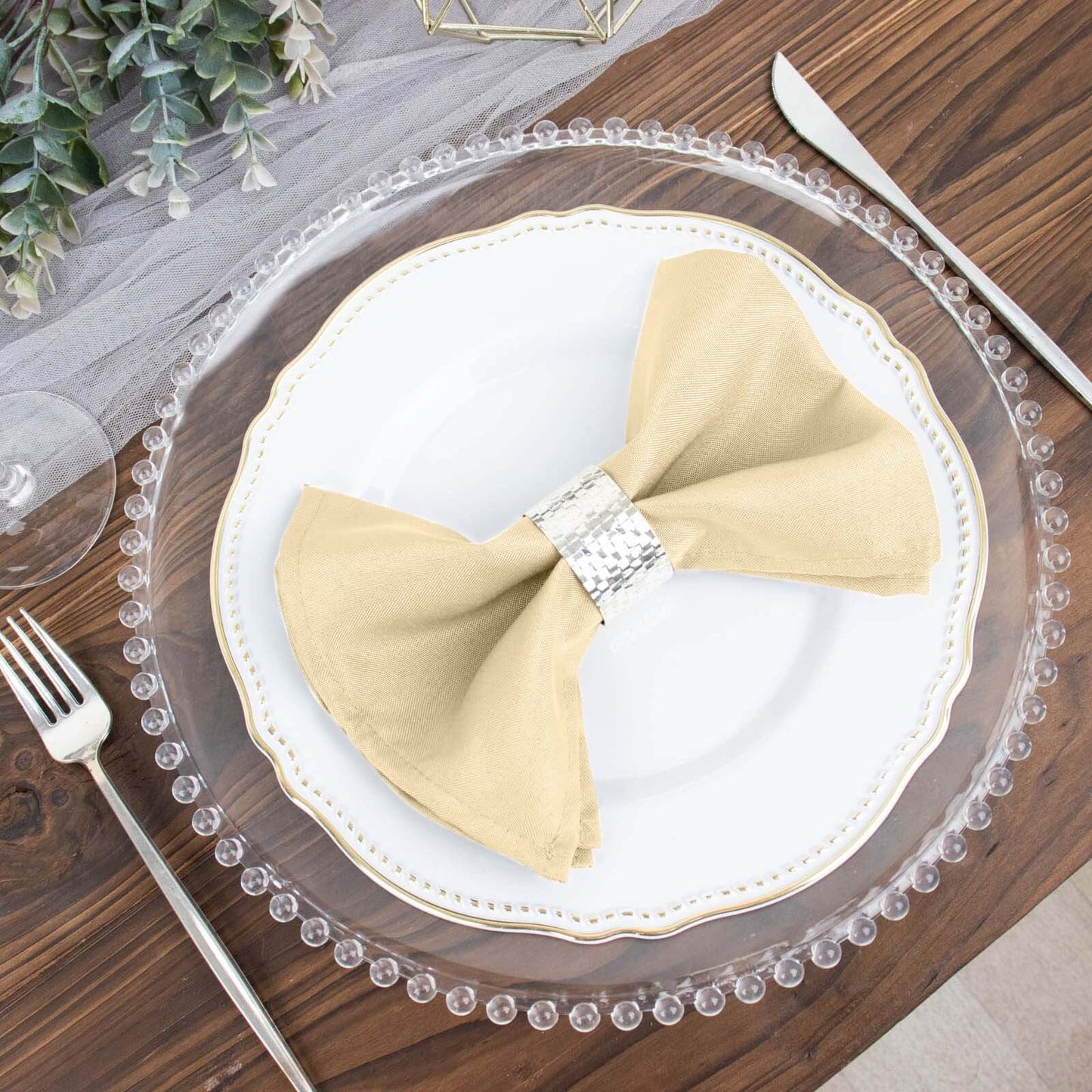 5 Pack Polyester 17"x17" Napkins Beige - Durable & Wrinkle Resistant Dinner Napkins - Linen Luxes