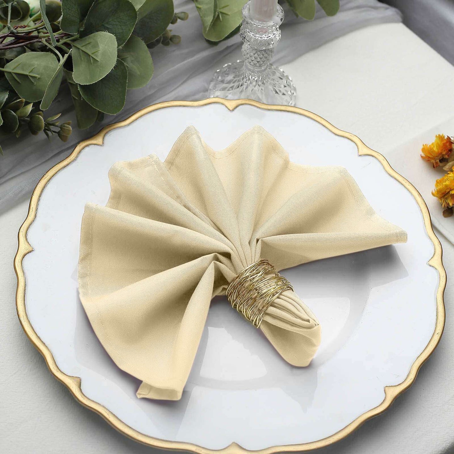 5 Pack Polyester 17"x17" Napkins Beige - Durable & Wrinkle Resistant Dinner Napkins - Linen Luxes
