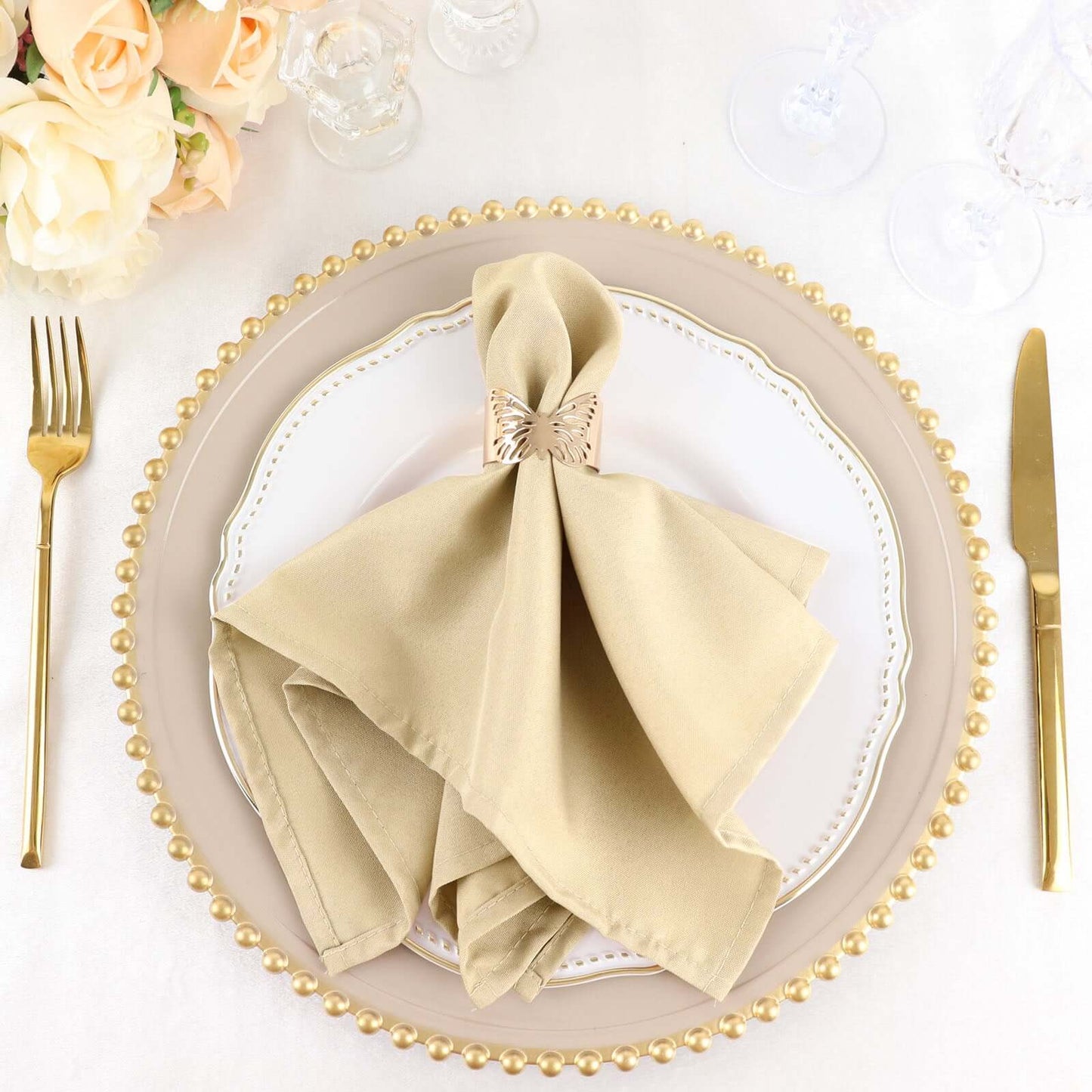 5 Pack Polyester 17"x17" Napkins Beige - Durable & Wrinkle Resistant Dinner Napkins - Linen Luxes