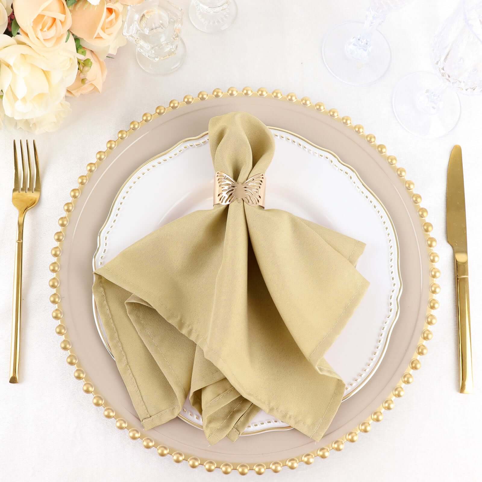 5 Pack Polyester 17"x17" Napkins Champagne - Durable & Wrinkle Resistant Dinner Napkins - Linen Luxes